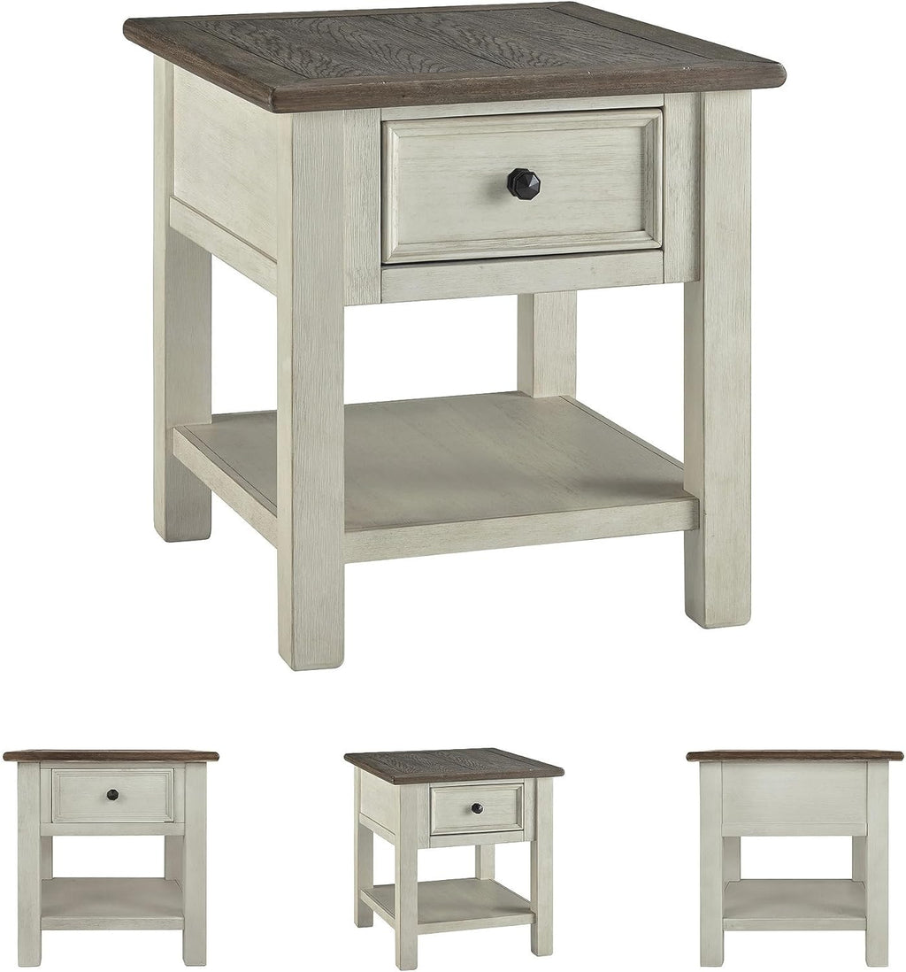 Signature Design by Ashley Bolanburg End Table for Living Room, Two-Tone Distressed Wood Side Table with Smooth-Gliding Drawer, Farmhouse Plank-Style Top, Ideal Night Stand Use, Antique White/Oak