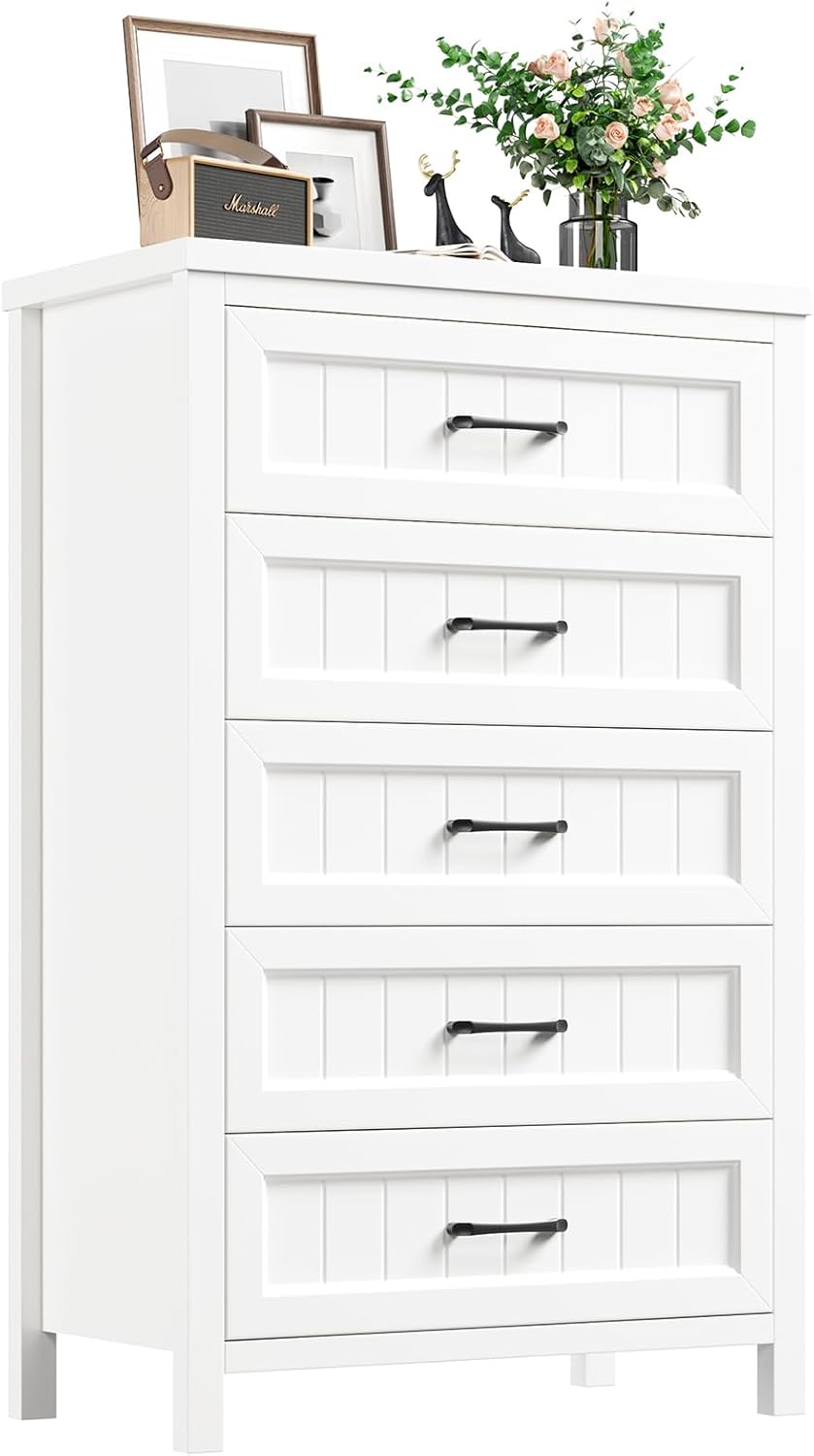 Jocoevol 5 Drawer Dresser for Bedroom - Farmhouse 44.9" Tall Chest of Dresser with Large Storage, Rubst Wood Construction for Living Room, Hallway & Entryway - White