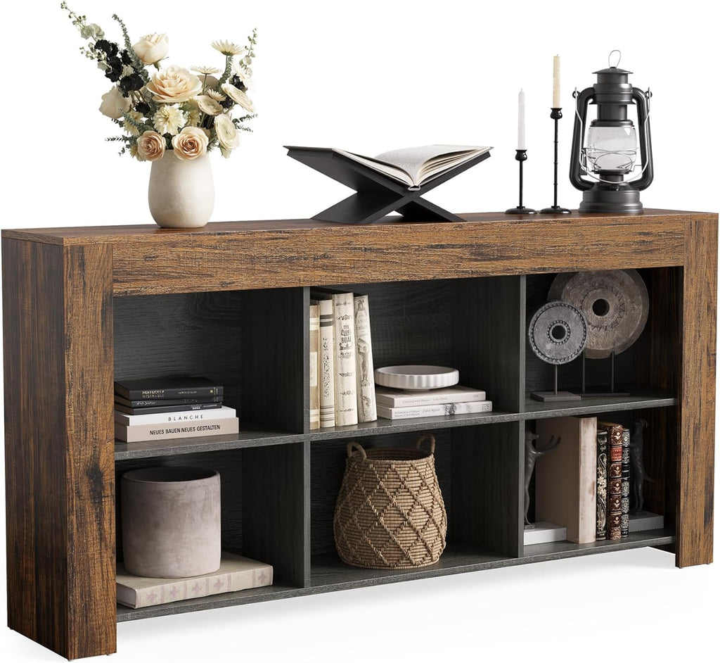 LITTLE TREE Console Table with Storage, 63-Inch Narrow Long Sofa Table, Entryway Table with 6 Cubes, Farmhouse Storage Shelves for Entryway, Living Room