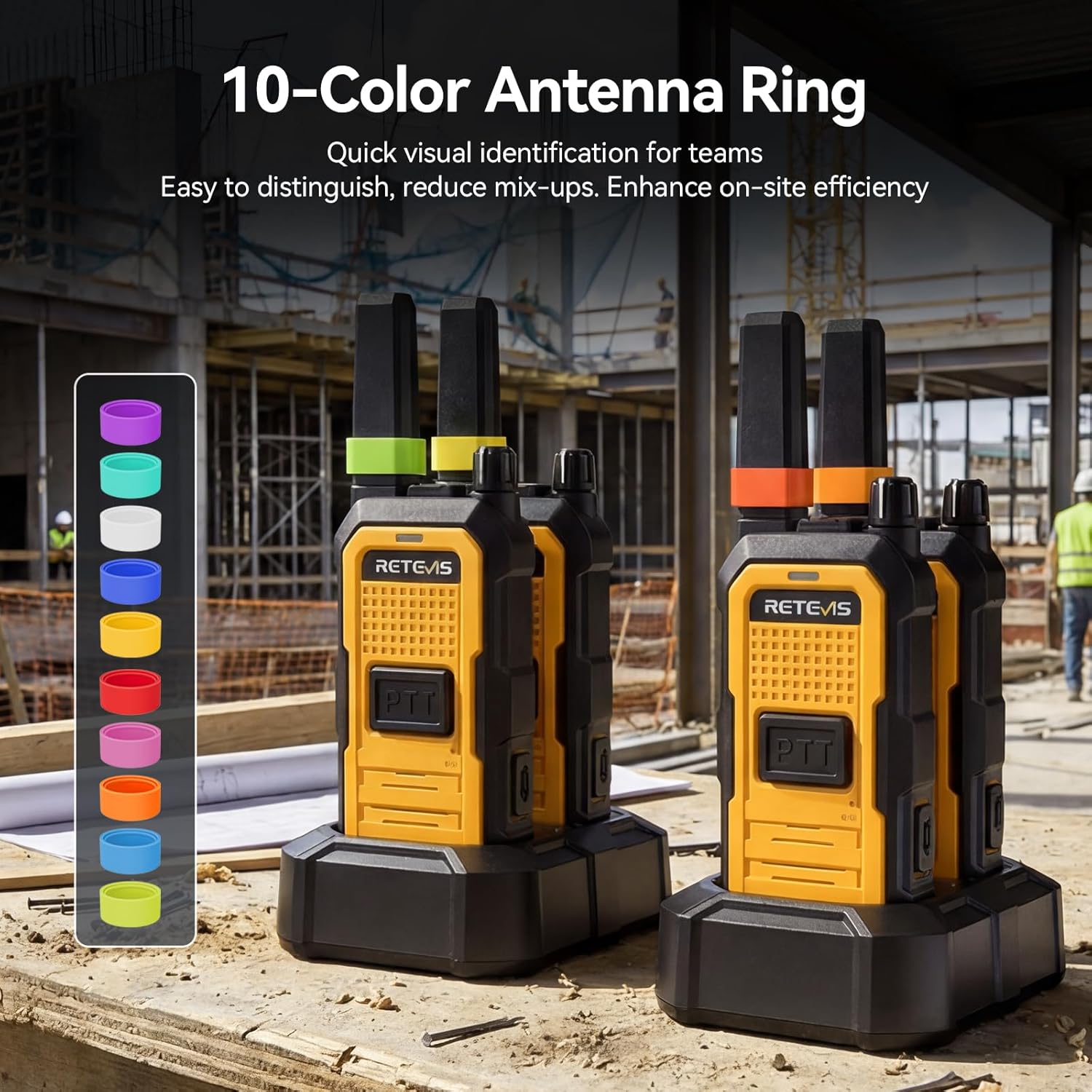 Retevis RB48A Industrial Walkie Talkies with Speaker Mic, IP67 Waterproof Noise Reduction 2 Way Radios Long Range, Oversized Front PTT, Antenna ID Rings, 1000 mW Speaker, 23-Hour Battery(4 Pack)