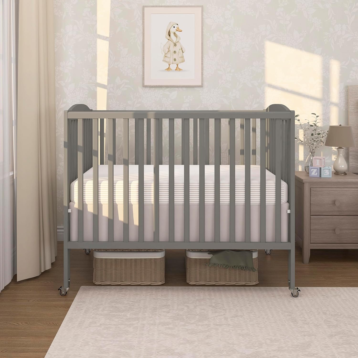Dream On Me Full-Size 2-in-1 Folding Baby Crib in Steel Grey, GreenGuard Gold & JPMA, Portable, Patented Quick Folding System, Strong Wheels, 2 Adjustable Mattress Heights