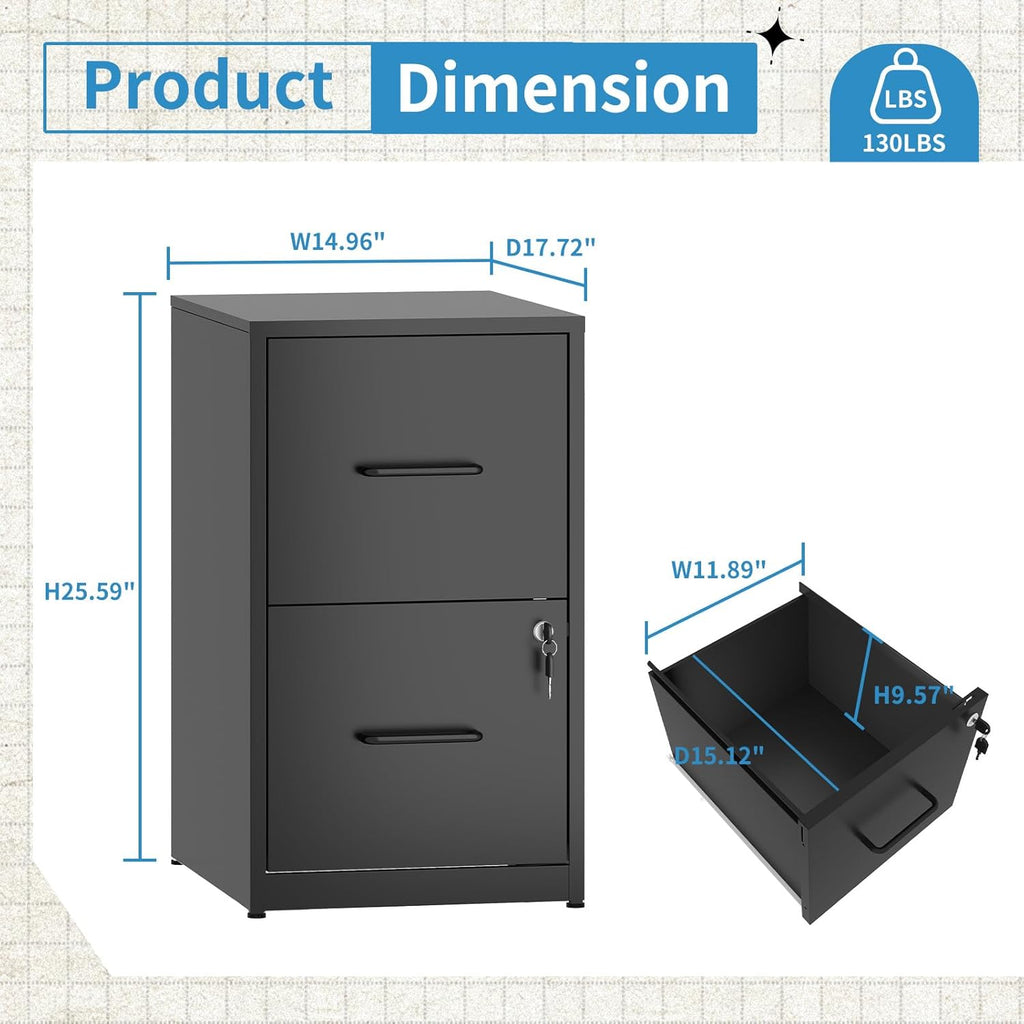 2 Drawer File Cabinet with Lock, Metal Vertical File Cabinets for Home Office, Office Furniture for Organization Hanging Legal/Letter/A4, Office File Cabinet Storage Cabinet, Require Assembly, Black