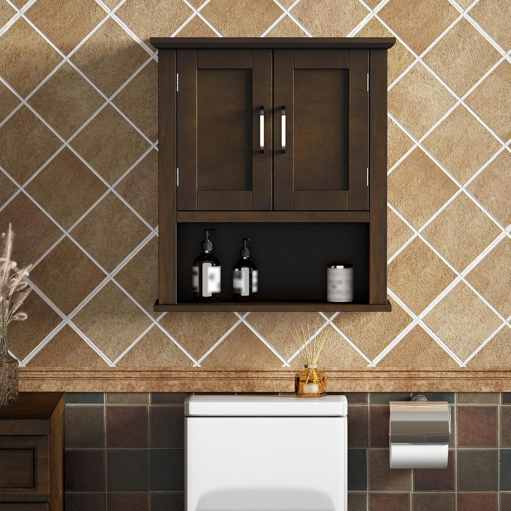 ChooChoo Wood Wall Cabinet with Doors, Medicine Cabinet with Adjustable Shelves Over The Toilet, Rustic Cabinet Wall Mounted for Bathroom, Kitchen, Living Room, Walnut