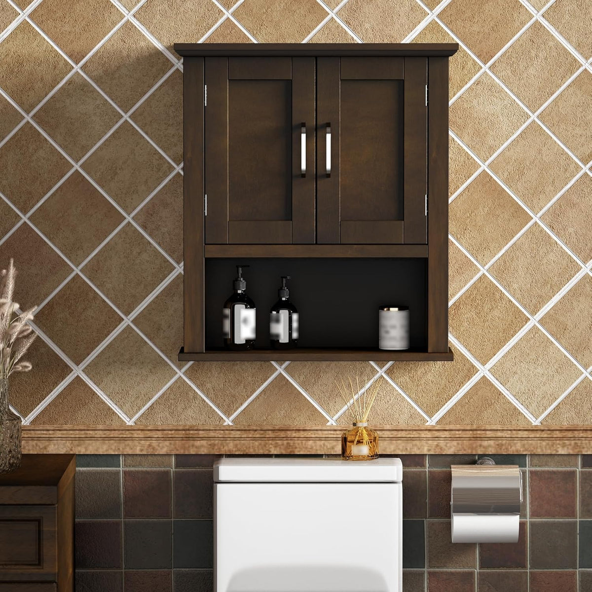 ChooChoo Wood Wall Cabinet with Doors, Medicine Cabinet with Adjustable Shelves Over The Toilet, Rustic Cabinet Wall Mounted for Bathroom, Kitchen, Living Room, Walnut