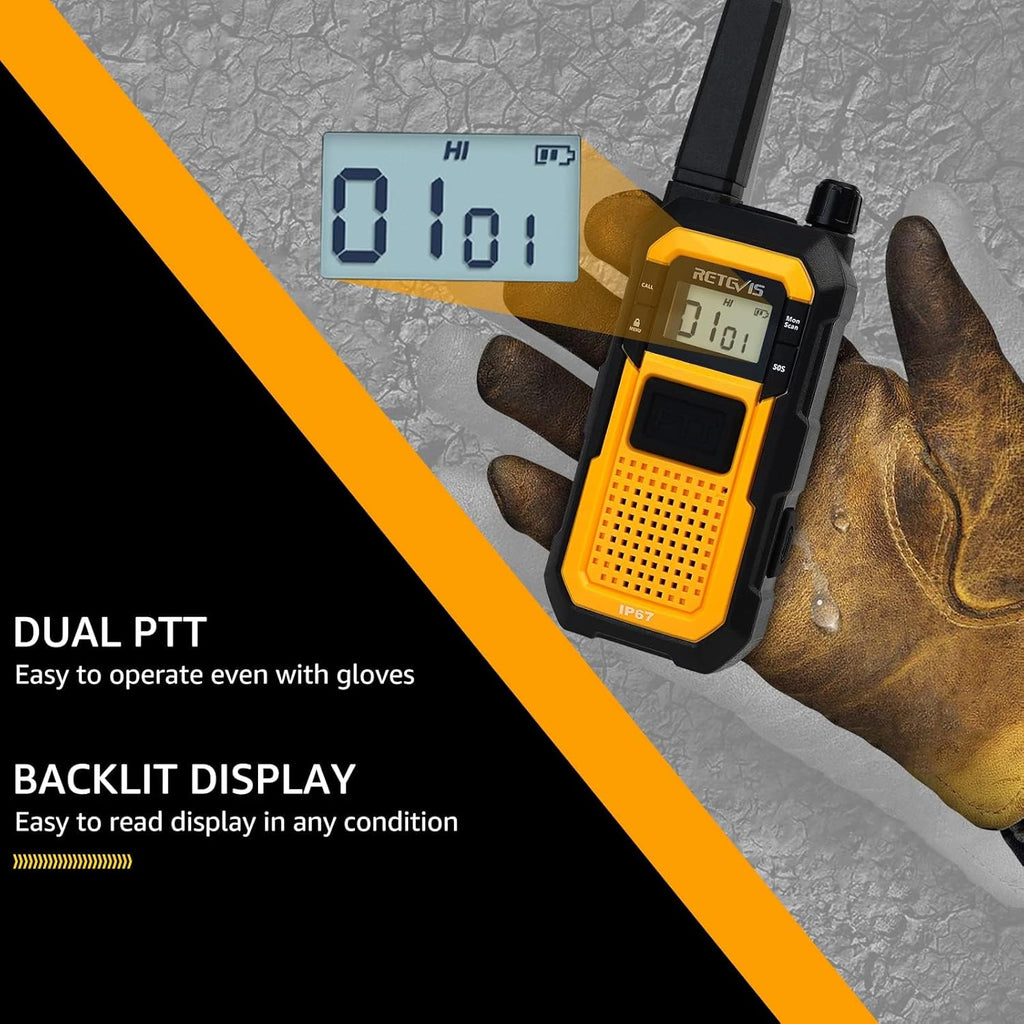 Retevis RB48 IP67 Waterproof Walkie Talkies Long Range, MIL-STD-810H Heavy Duty Two Way Radio, Rugged & Large Front PTT, Vibration Alert, NOAA, Floating, for Construction Job Site (4 Pack) Yellow