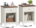 Akxomel Farmhouse Nightstands Set of 2, Night Stand with Charging Station, Wooden Side End Table with Drawer and Storage Shelf, Modern Bedside Table with Golden Handle, for Bedroom, Off White