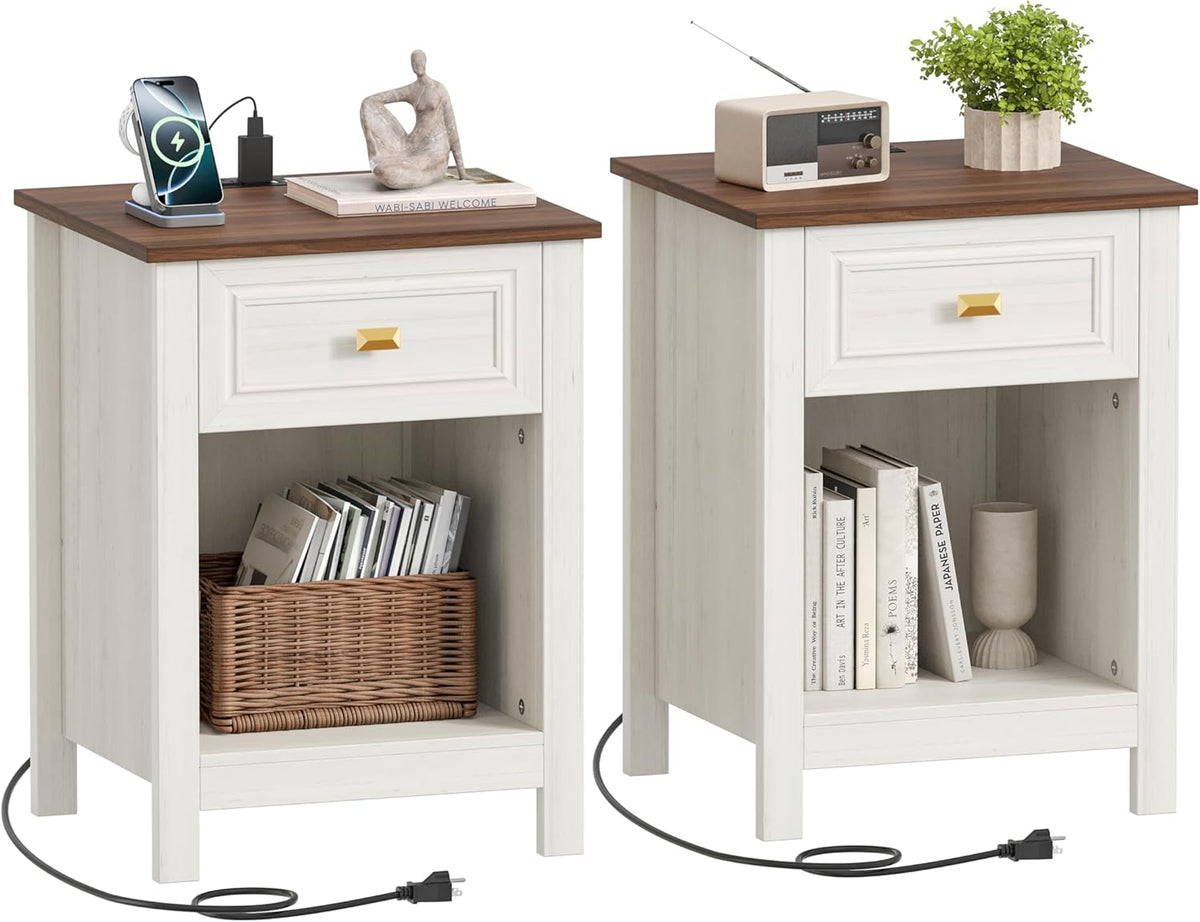 Akxomel Farmhouse Nightstands Set of 2, Night Stand with Charging Station, Wooden Side End Table with Drawer and Storage Shelf, Modern Bedside Table with Golden Handle, for Bedroom, Off White