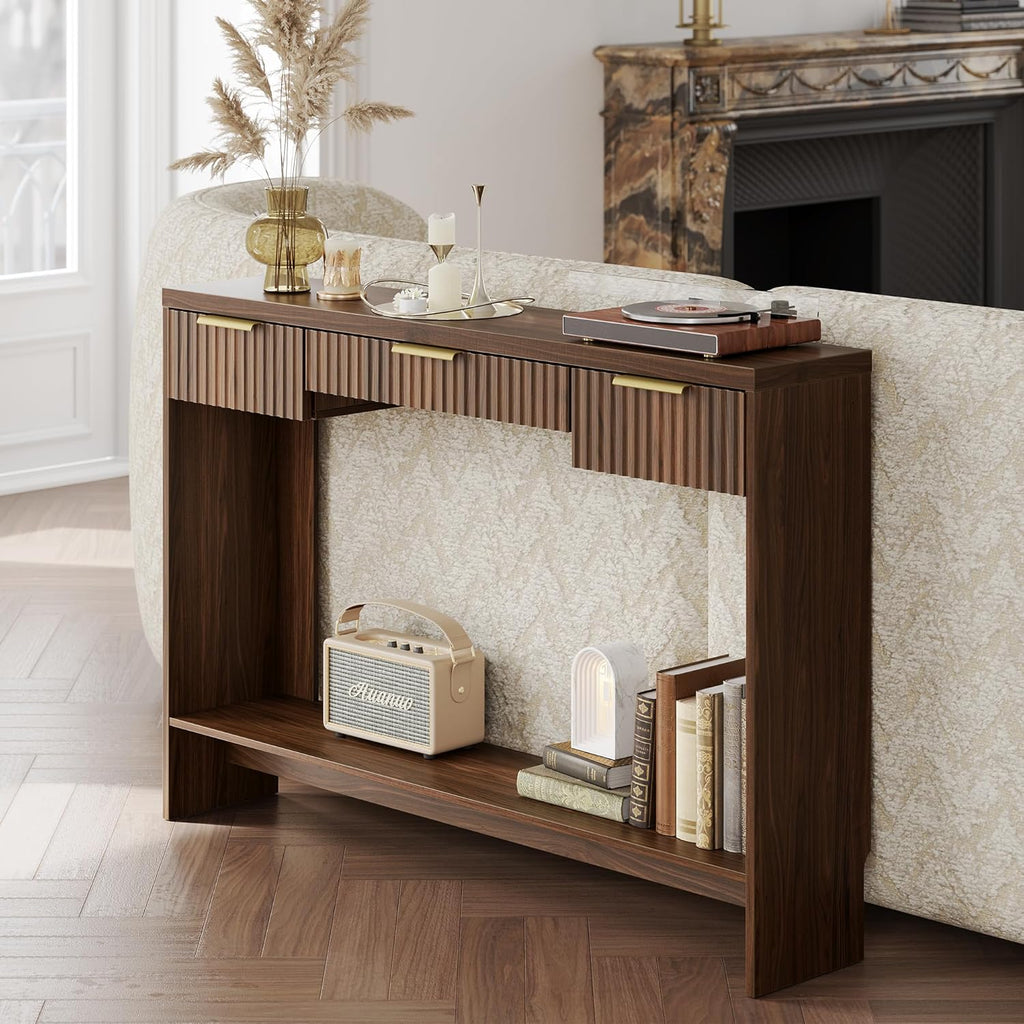 Console Sofa Table .3 Drawer Entryway Table with Open Storage Shelf, Narrow Long Behind Couch Sofa Table for Living Room .Black Walnut
