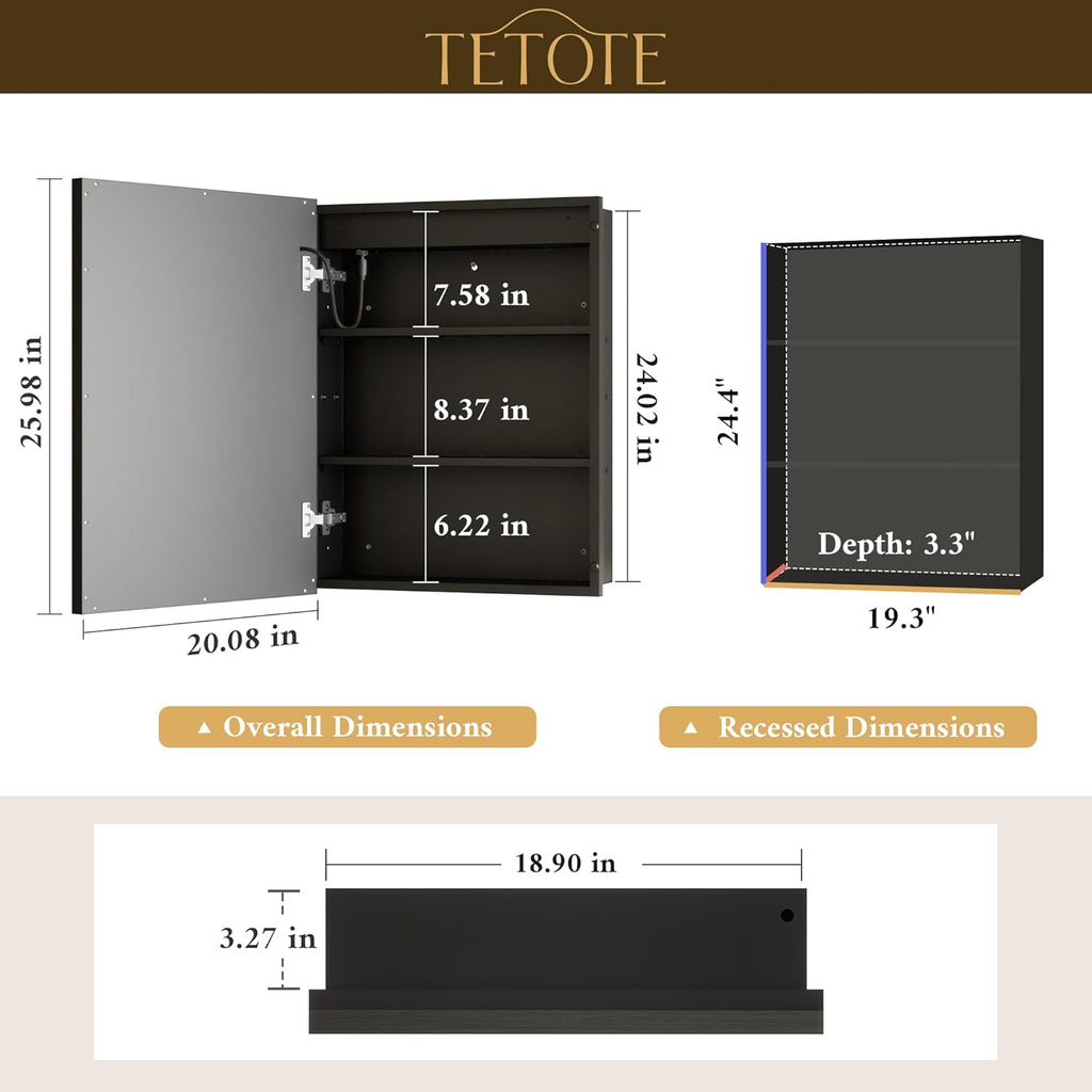 TETOTE Black Led Bathroom Medicine Cabinet with Mirror 20 x 26 Recessed or Surface Mount Metal Framed Lighted Medicine Cabinet, Tempered Glass, 3 Color Dimming, Anti-Fog, 2 Outlets, Adjustable Shelf