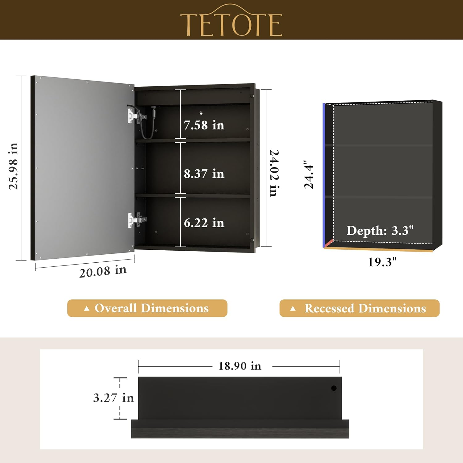 TETOTE Black Led Bathroom Medicine Cabinet with Mirror 20 x 26 Recessed or Surface Mount Metal Framed Lighted Medicine Cabinet, Tempered Glass, 3 Color Dimming, Anti-Fog, 2 Outlets, Adjustable Shelf