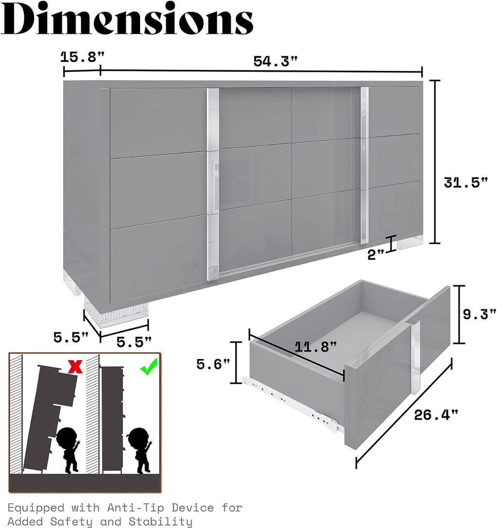 AMERLIFE 54" W High Gloss 6 Drawers Dressers with Silver Grooved Handles, Modern Storage Chest of Drawers with Wide Tabletop, for Bedroom/Dressing Room/Living Room, Grey