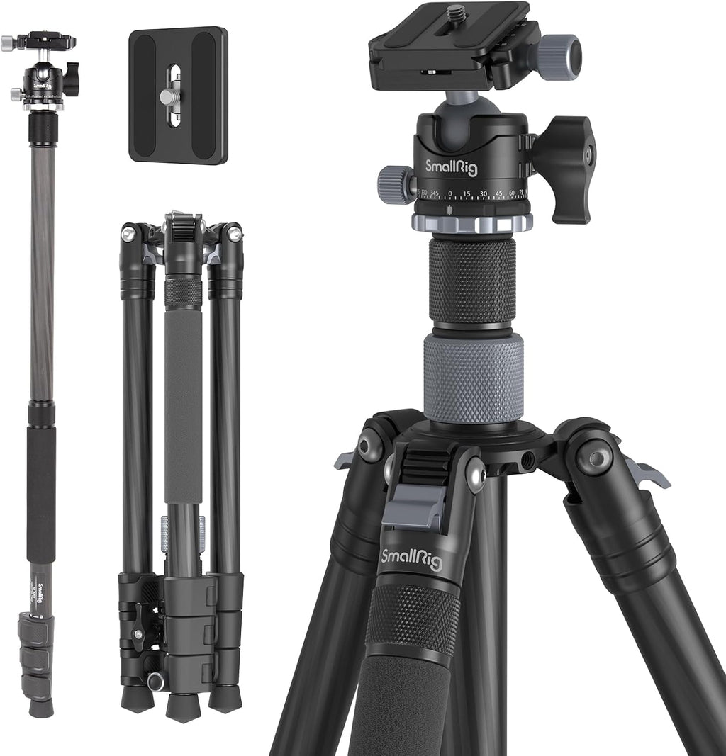 SmallRig AP-20 Carbon Fiber Tripod, 62.2" Camera Tripod Monopod with Center Column, Compact Lightweight Tripods with 360° Ball Head, Payload 26.5 lbs, Quick Release Plate, for DSLR Camera - 4059
