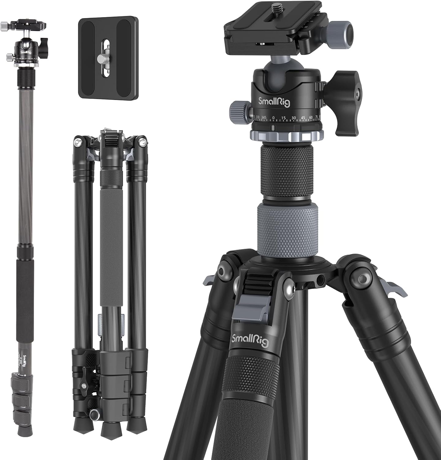 SmallRig AP-20 Carbon Fiber Tripod, 62.2" Camera Tripod Monopod with Center Column, Compact Lightweight Tripods with 360° Ball Head, Payload 26.5 lbs, Quick Release Plate, for DSLR Camera - 4059