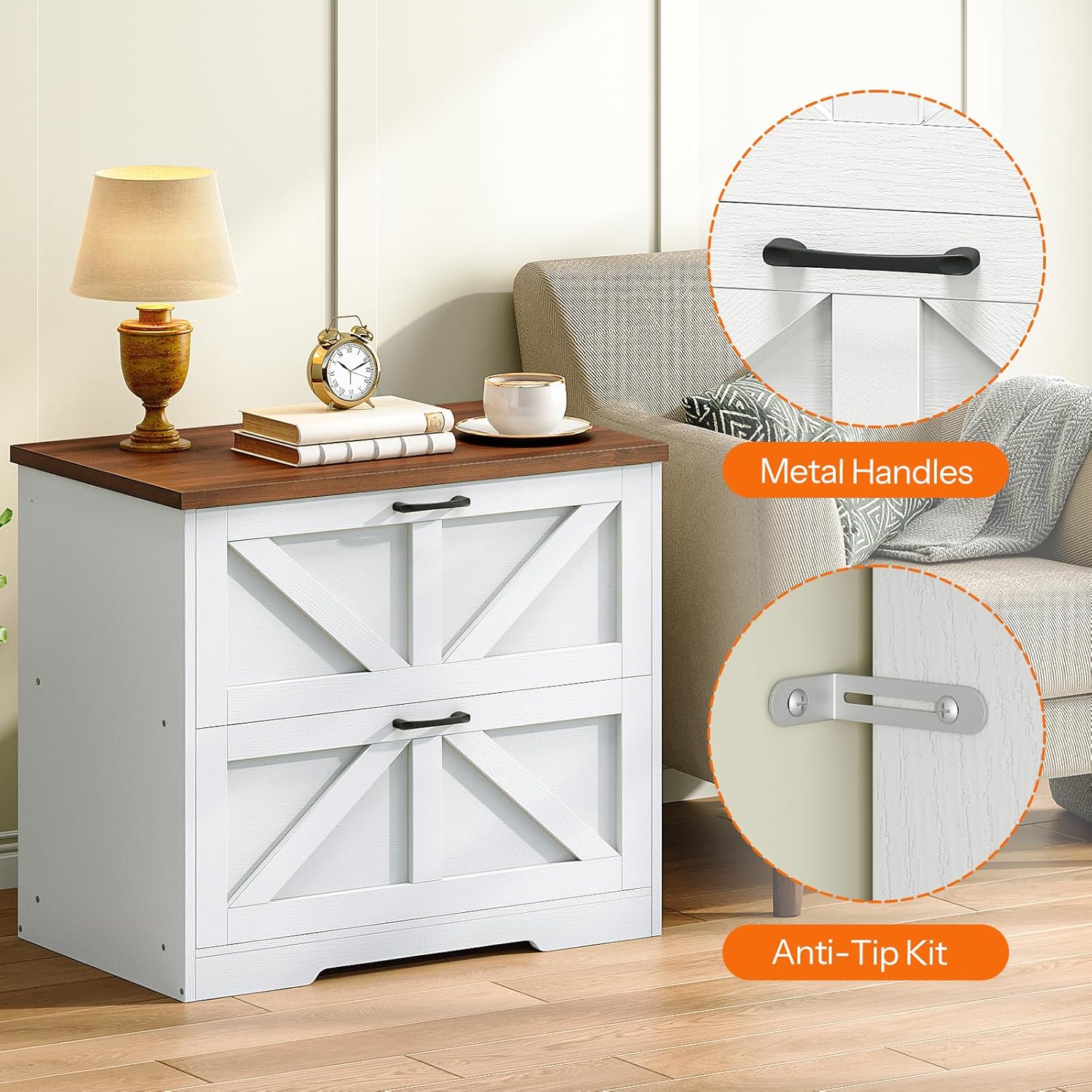 HOOBRO 2 Drawer File Cabinet, Farmhouse Lateral Filing Cabinet for Letter/A4/Legal Size, Large Wooden Office Storage Cabinet, Printer Stand for Home Office, White and Walnut WH48WJ01
