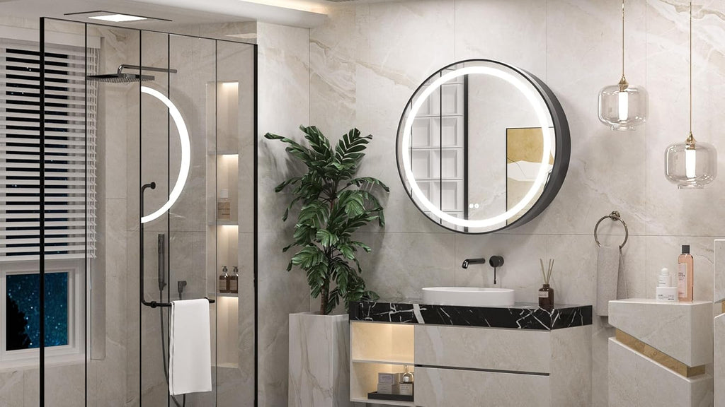 Keonjinn 30 Inch Round Lighted Medicine Cabinet, Black LED Medicine Cabinet Mirror, Circle, Electrical Outlet, 3 Color Lights, Anti-Fog, Dimmable, Surface Mount Only