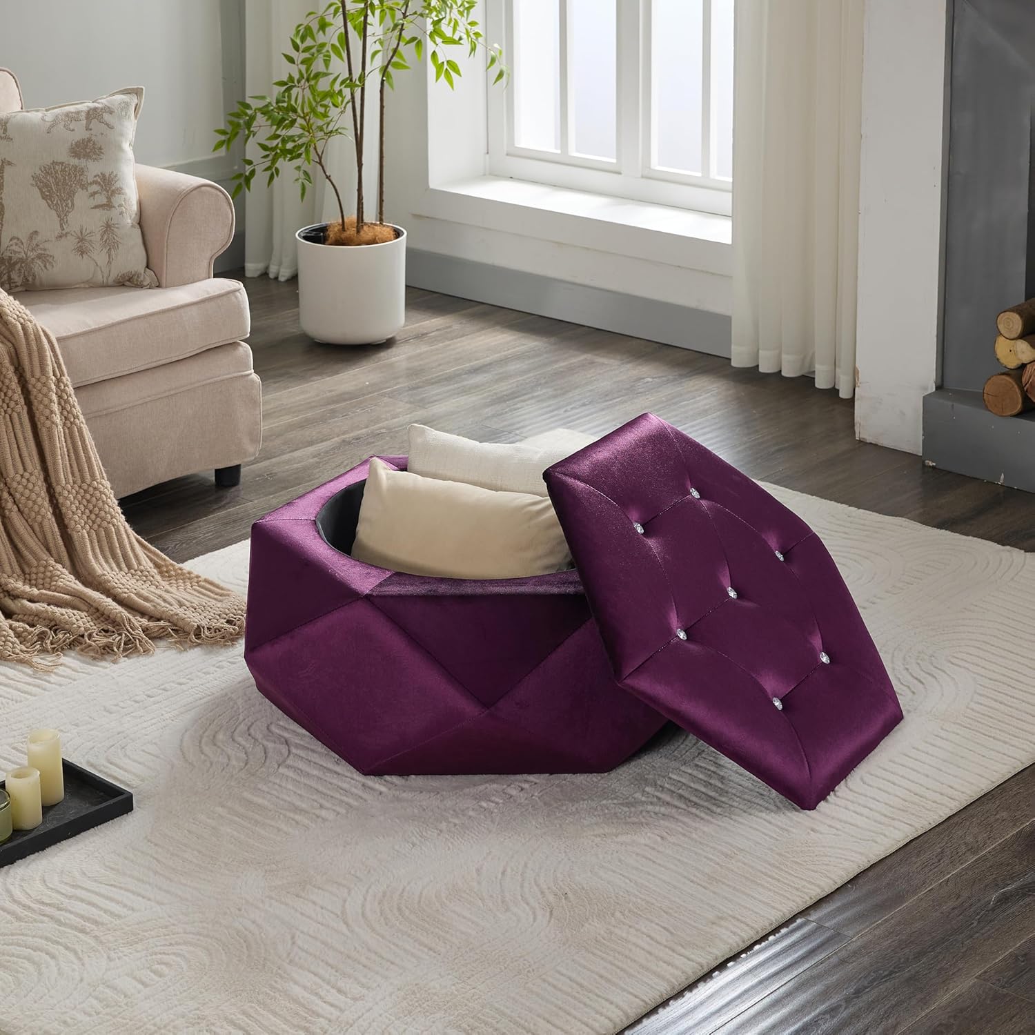 Christopher Knight Home Kiin Velvet Storage Ottoman, Medium Ottoman Foot Rest, Foot Stools Ottoman with Storage, Living Room Sofa Couch Extra Seat, Modern Coffee Table for Home Office, Purple