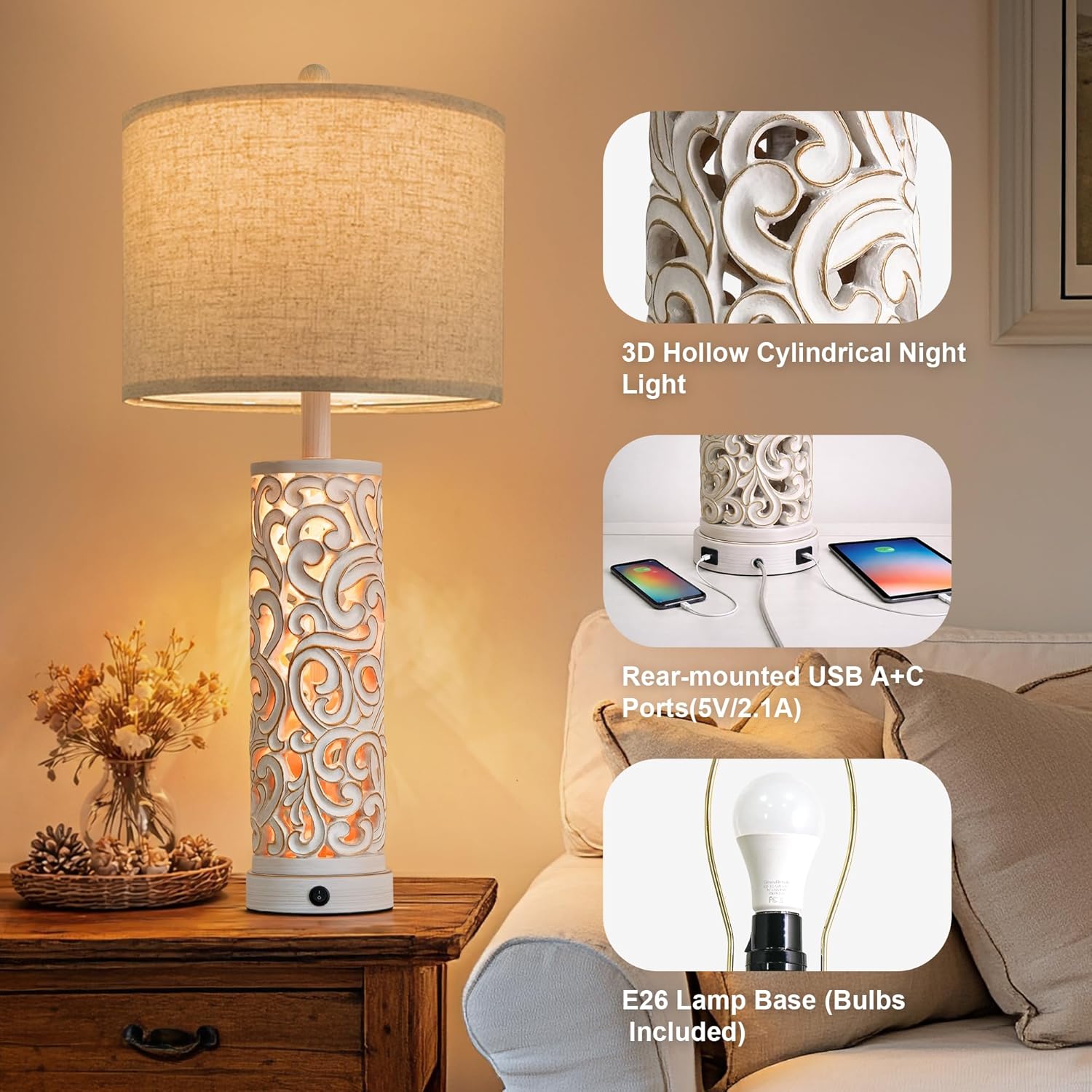 OYEARS 2-in-1 Light Table Lamp Set of 2 for Living Room, 28.5" Farmhouse Bedside Lamps with USB Charging Port, Main&Night Light & Dual Switches, Nightstand Lamp for Bedroom Home Office(Bulb Included)