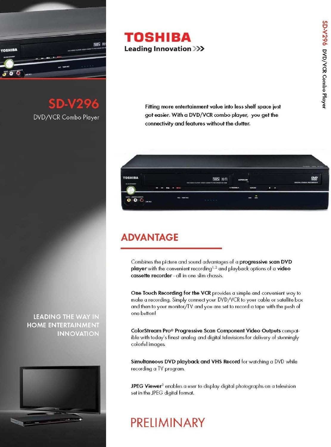 Toshiba SD-V296 DVD Player/VCR Combo, Progressive Scan Dolby Digital Remote Control, Black