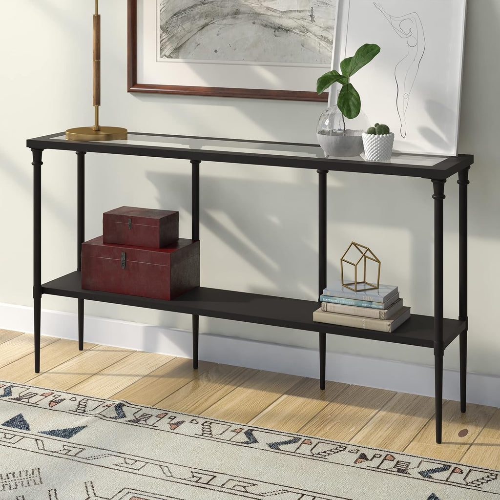 Nellie 55'' Wide Rectangular Console Table with Metal Shelf in Blackened Bronze