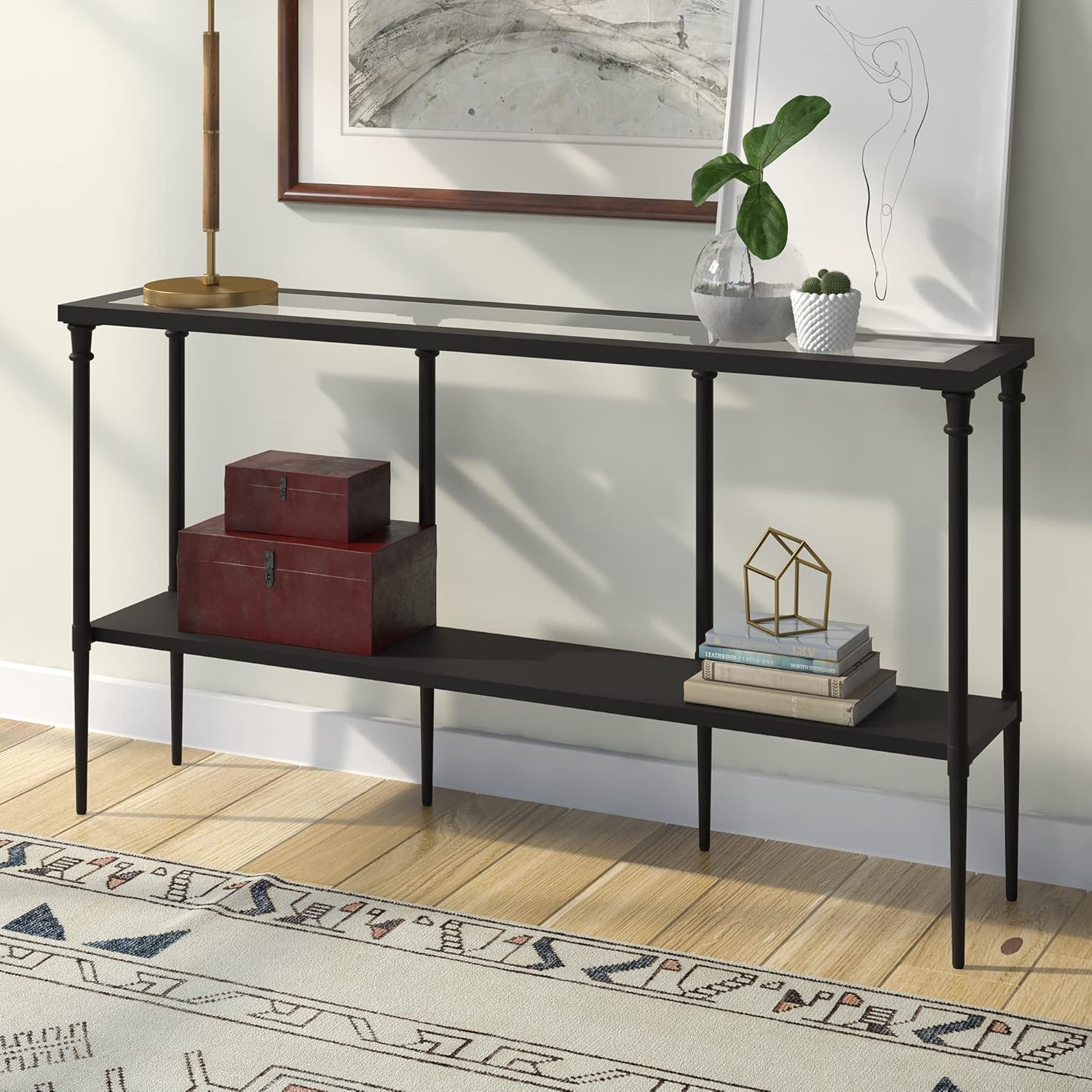 Nellie 55'' Wide Rectangular Console Table with Metal Shelf in Blackened Bronze