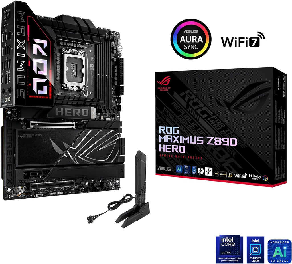 ASUS ROG Maximus Z890 Hero Intel Z890 LGA1851 DDR5 9200 HDMI 2xUSB4 6X M2 USB3.2 WiFi 7 + BT Aura RGB 5Gbit + 2.5Gbit LAN ATX 22+1+2+2 Power Phases, Motherboard