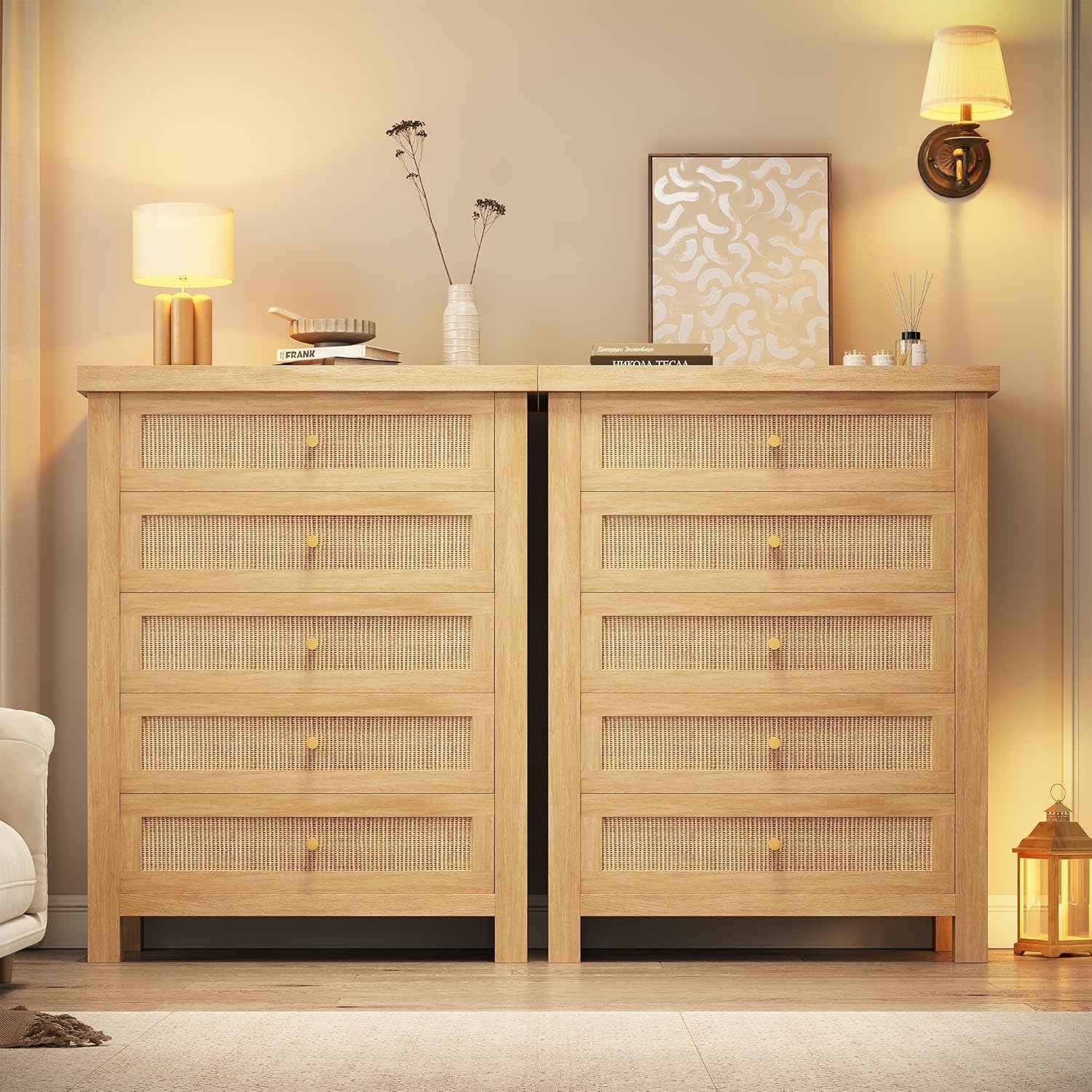Natural Rattan Dresser for Bedroom with 5 Drawers, Wood Boho Chest of Drawers with Gold Metal Handle, Matte Top Bedroom Tall Dresser with Large Drawers for Living Room, Closet, Hallway, (Nartual)