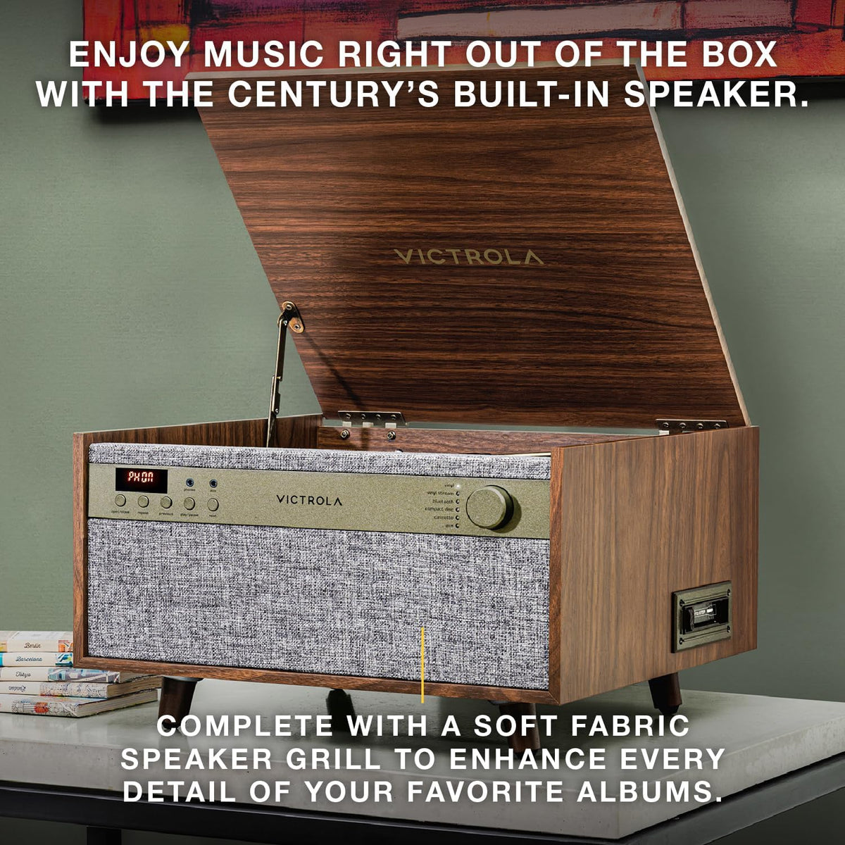 Victrola Century 6-in-1 Vinyl Record Player & Music Center – 3-Speed Turntable, CD & Cassette Player, VINYLSTREAM, Bluetooth & 3.5mm Aux, Record Player with Speakers, Mid Century Design (Walnut)
