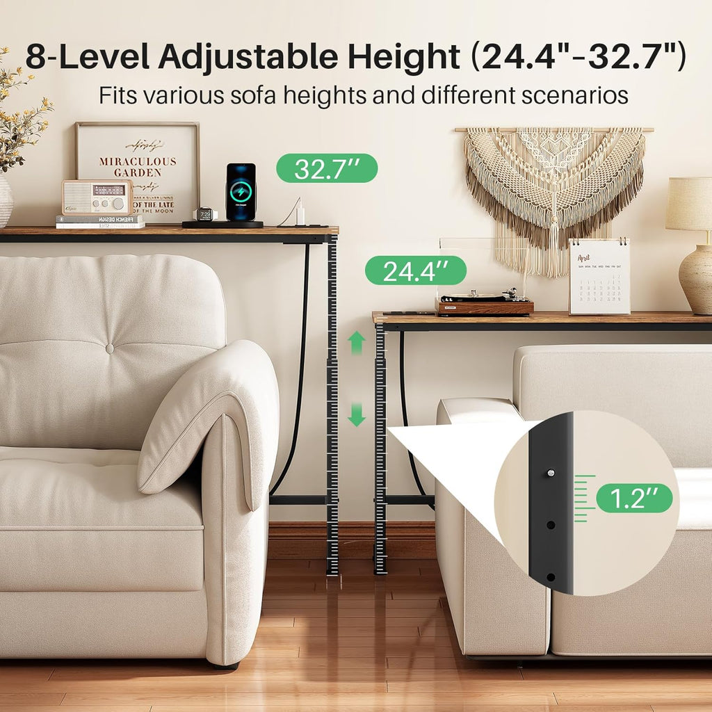 Kitstorack 2-Pack Rustic Brown Console Table, 7.9" Deep Panel, Adjustable Height (25"-33") & Built-in Power Outlets, Behind Sofa Couch, Includes 4.9' Power Cord - 78.8" Total Long