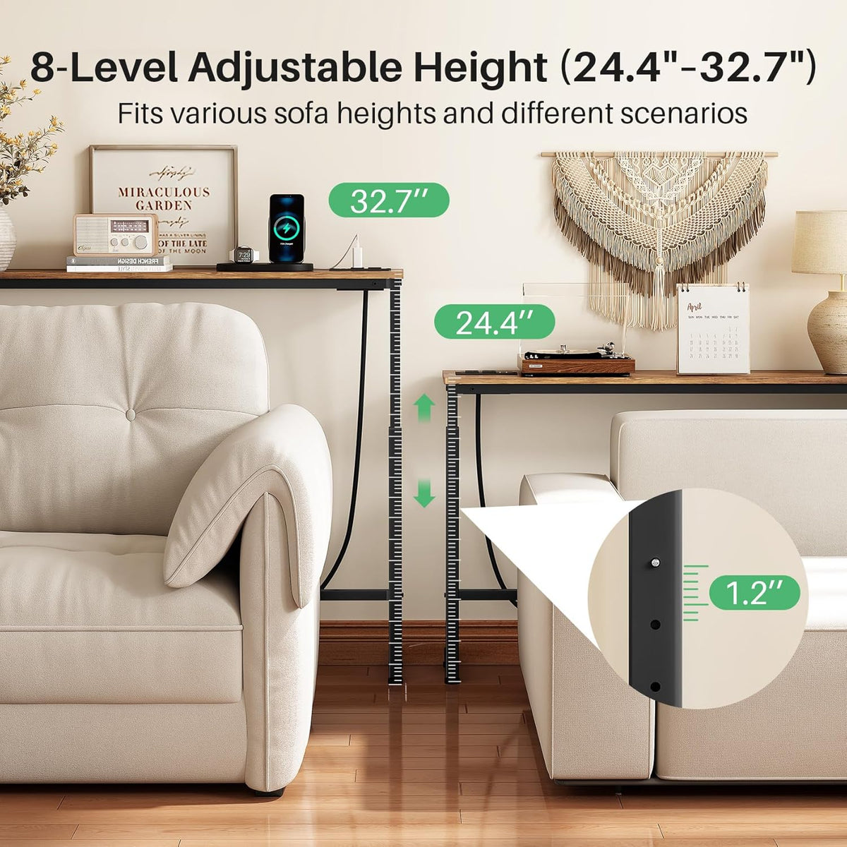 Kitstorack 2-Pack Rustic Brown Console Table, 7.9" Deep Panel, Adjustable Height (25"-33") & Built-in Power Outlets, Behind Sofa Couch, Includes 4.9' Power Cord - 78.8" Total Long