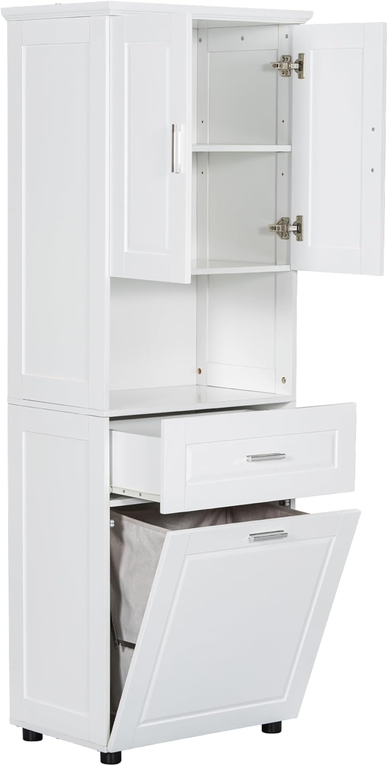 Tall Storage Cabinet, Bathroom Floor Freestanding Storage Cabinet with 2 Doors, One Drawer, and Tilt-Out Laundry Hamper for Bathroom, Office, Living Room, White