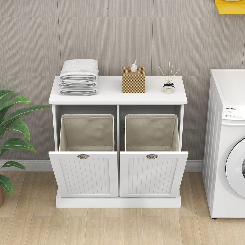 LUMISOL Double Tilt-Out Laundry Hamper Cabinet, Modern Laundry Cabinet with Removable Fabric Baskets, Wooden Bathroom Storage Cabinets with Doors for Living Room, Kitchen, White