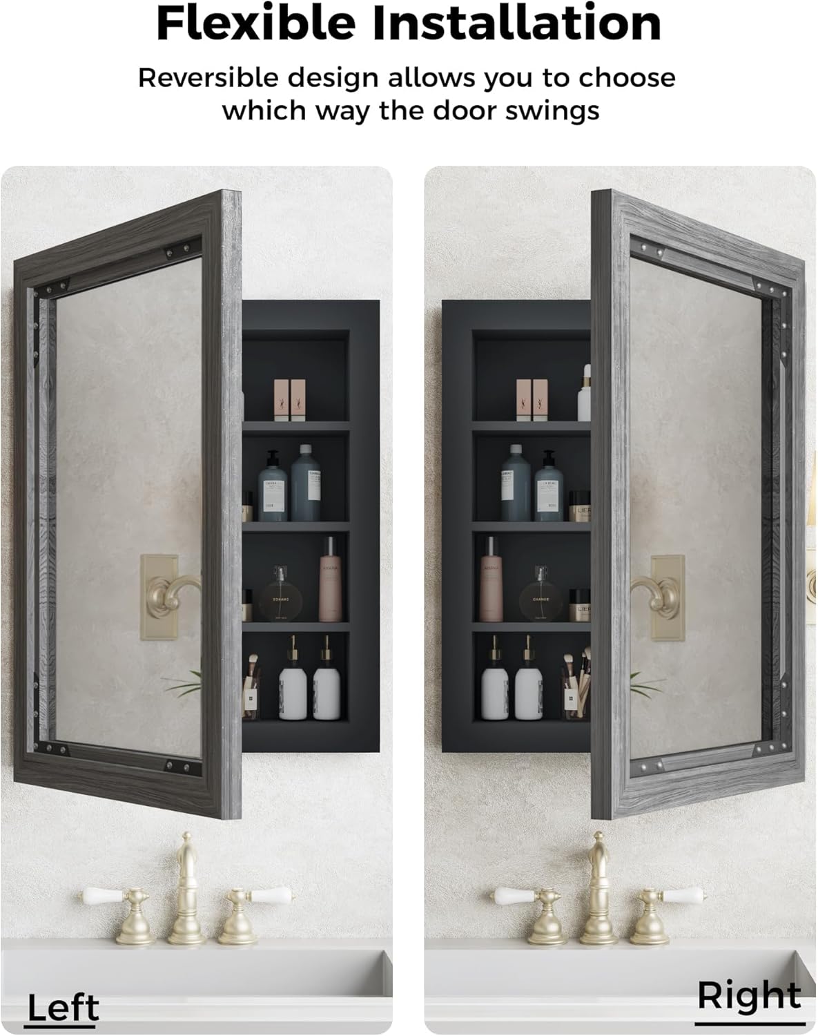 FLYJOE Medicine Cabinet Mirror 20 x 26 Inch Farmhouse Bathroom Mirror Door Solid Wood Storage Cabinet with Adjustable Shelves, Wall Mounted for Bathroom Living Room, Grey