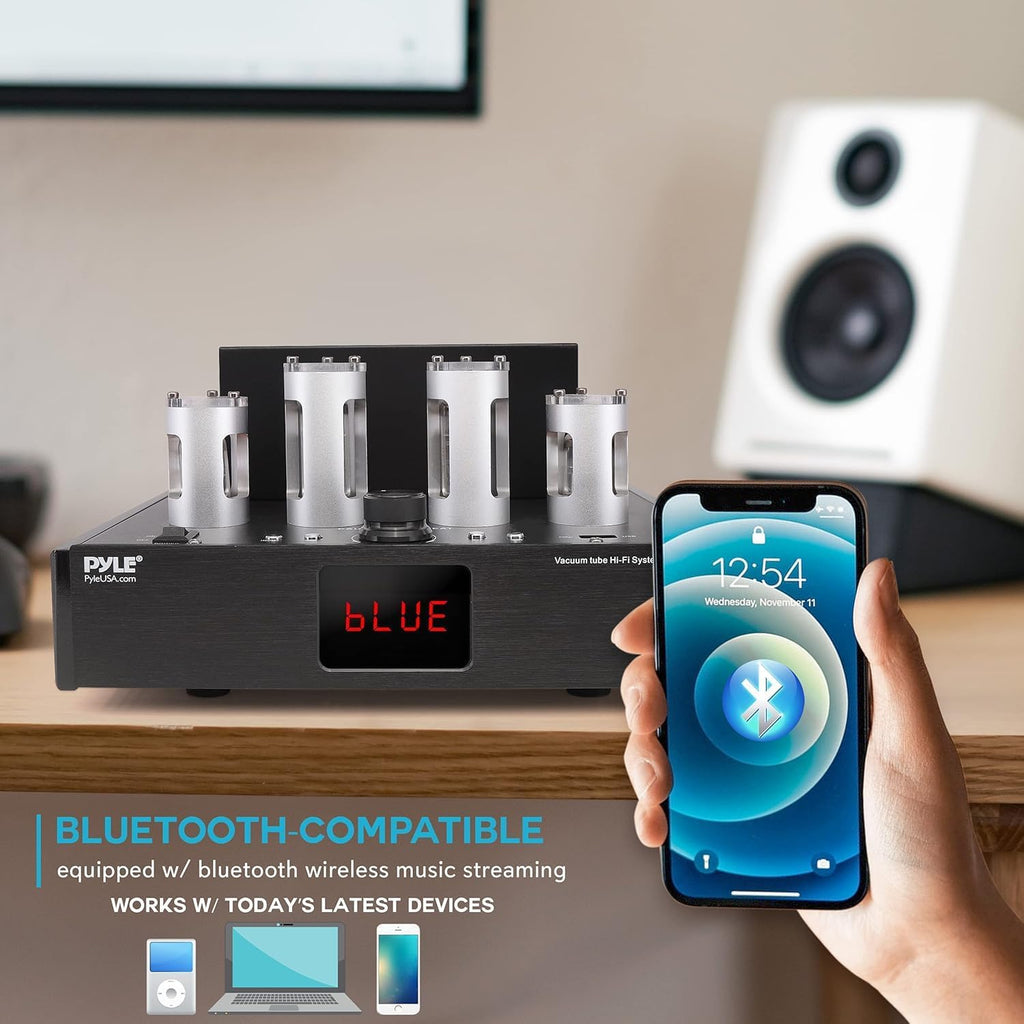 Pyle Bluetooth Tube Amplifier Receiver - 500W Home Theater Audio Desktop Stereo Vacuum Tube Hi-Fi Power Amplifier Receiver w/ 4 Vacuum Tubes, USB Reader, CD/DVD Input, Subwoofer Output