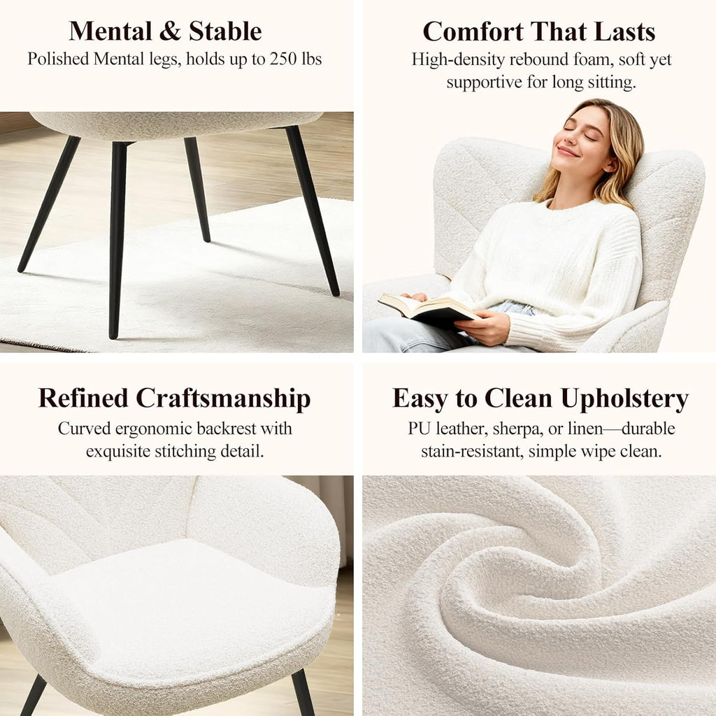 MALOL Mid-Century Sherpa Upholstered Accent Chair, Cozy Armchair with Curved Backrest, Sturdy Metal Legs, Soft Fabric Chair for Living Room, Bedroom & Reading Area,Beige