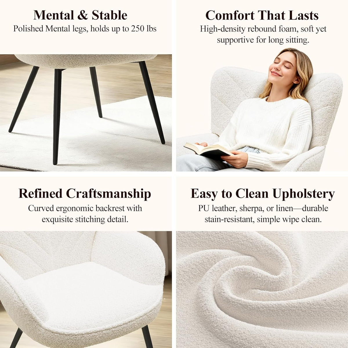MALOL Mid-Century Sherpa Upholstered Accent Chair, Cozy Armchair with Curved Backrest, Sturdy Metal Legs, Soft Fabric Chair for Living Room, Bedroom & Reading Area,Beige