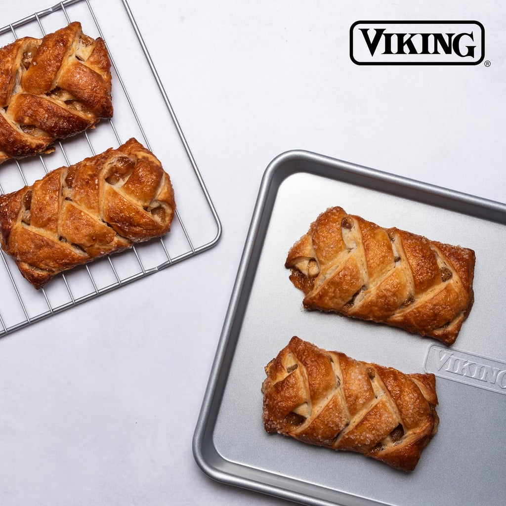 Viking Premium 5-Piece Nonstick Ceramic Baking Pans Set, Made without PFAS, Heavy Gauge Aluminized Steel Bakeware, Baking Sheet, Cooling Rack, Loaf, Muffin and Square Pan, Oven Safe for 475F, Silver