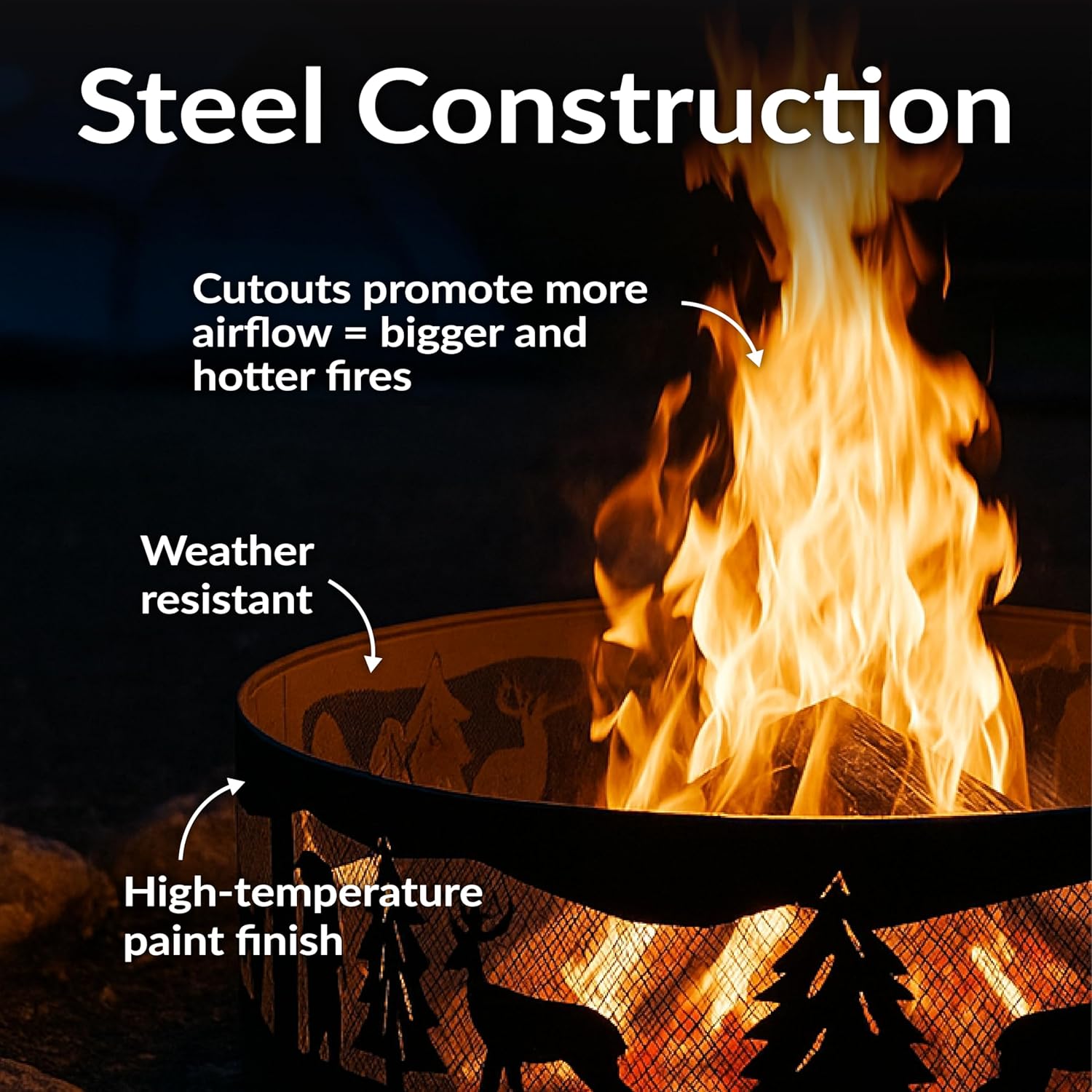 Sunnydaze 36-Inch Outdoor Fire Ring - Portable Metal Fire Pit Ring for Camping or Backyard - 360-Degree Wildlife Cutouts - Forest Wilderness
