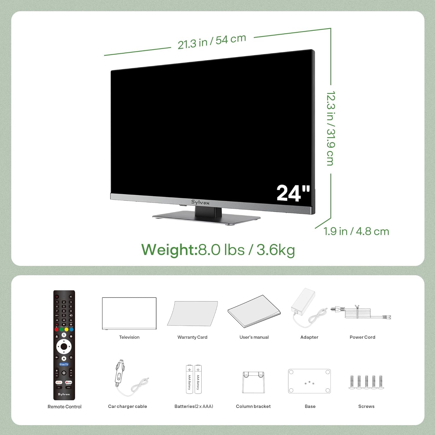 SYLVOX 24" 12V/24V Smart RV TV with Google TV & Built-in DVD Player, Frameless 1080P Full HD QLED Display, Shock-Resistant, Wide Voltage Support (9–32V), Voice Control Remote (Limo QLED Series)
