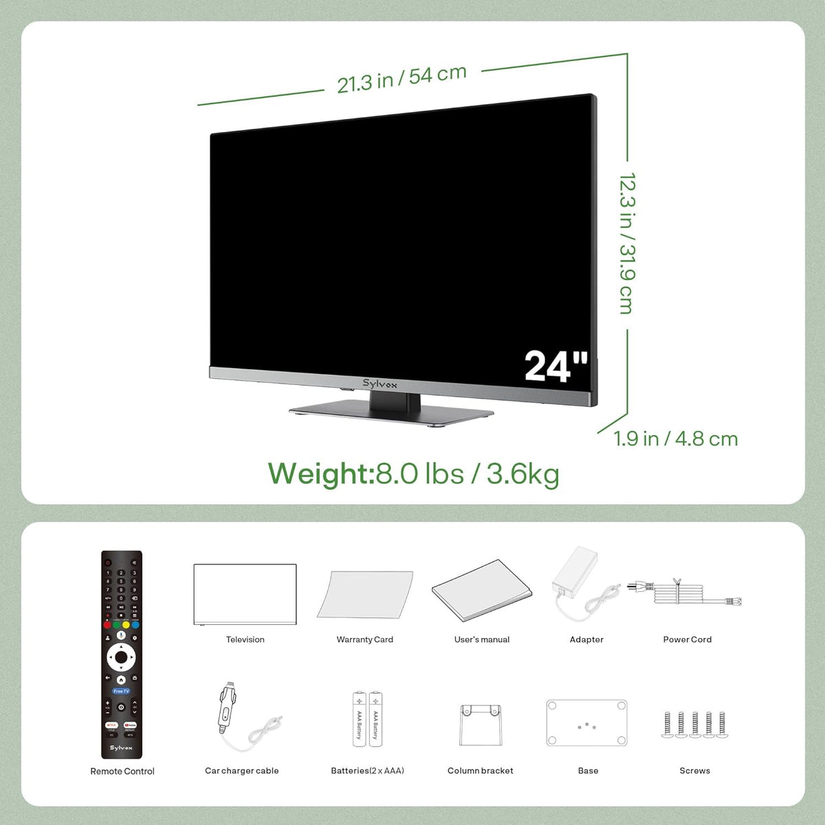SYLVOX 24" 12V/24V Smart RV TV with Google TV & Built-in DVD Player, Frameless 1080P Full HD QLED Display, Shock-Resistant, Wide Voltage Support (9–32V), Voice Control Remote (Limo QLED Series)