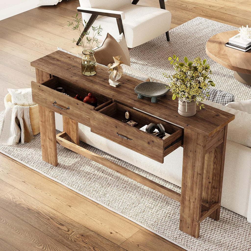 LITTLE TREE 63-Inch Solid Wood Console Table, Farmhouse Entryway Table with 2 Drawers, Narrow Sofa Table for Entryway, Hallway, Living Room, Foyer, Behind Couch