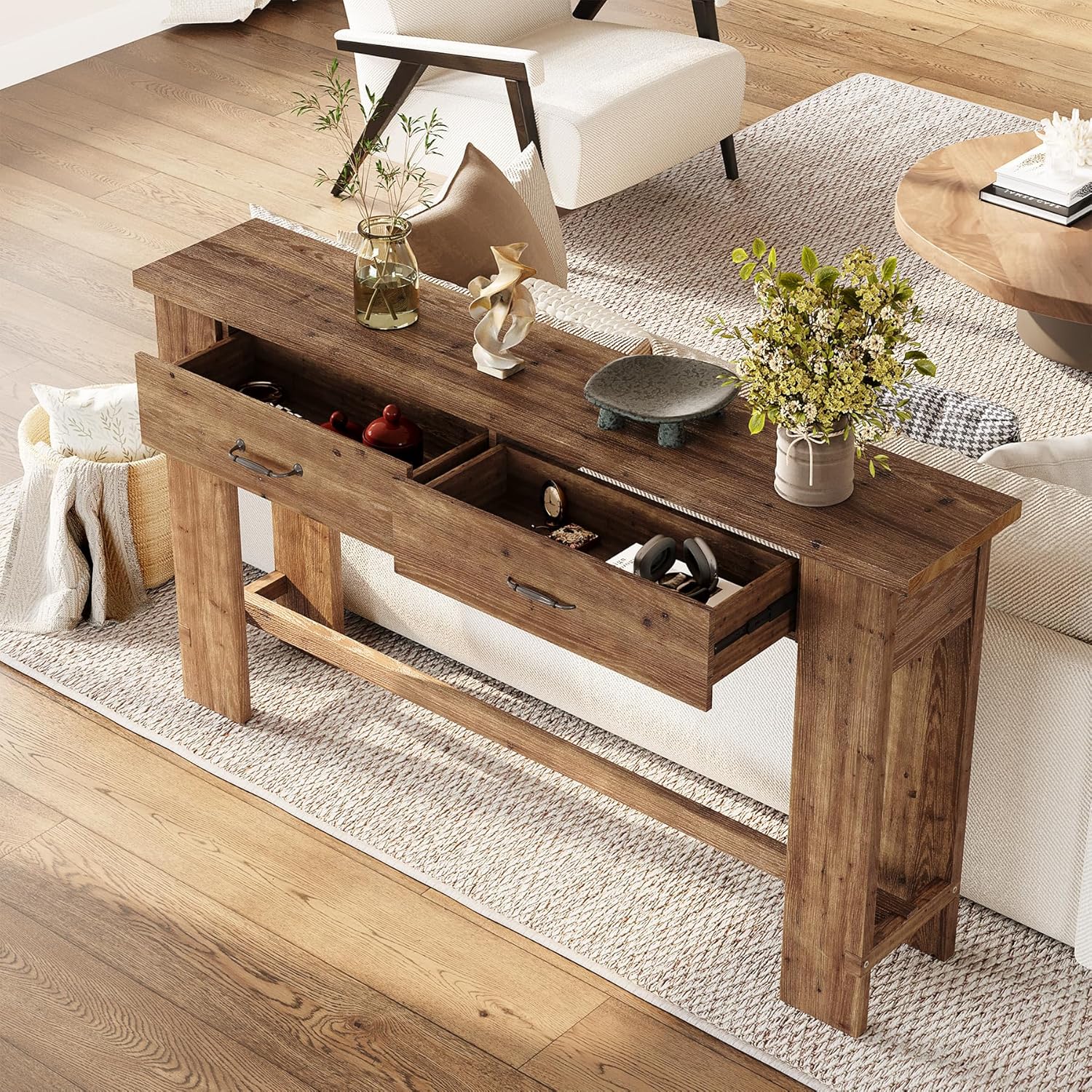 LITTLE TREE 63-Inch Solid Wood Console Table, Farmhouse Entryway Table with 2 Drawers, Narrow Sofa Table for Entryway, Hallway, Living Room, Foyer, Behind Couch