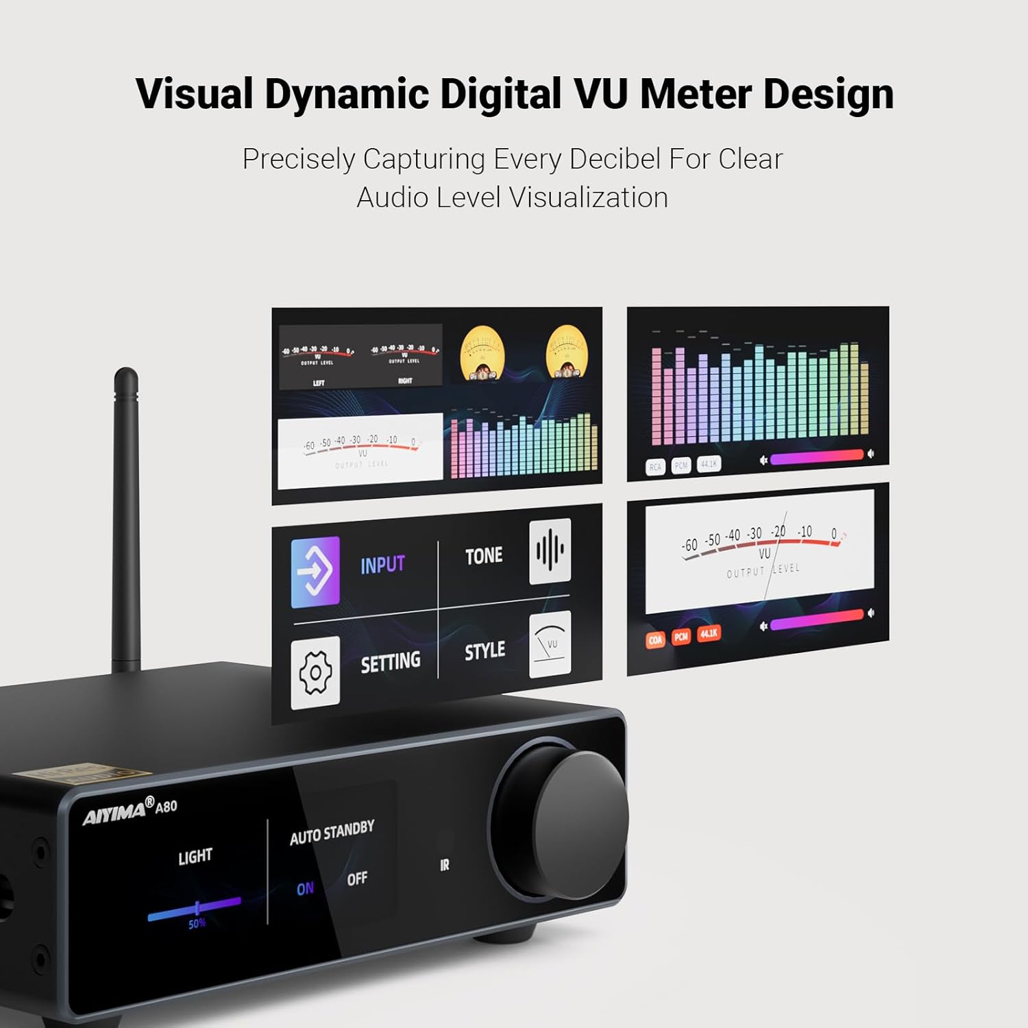 AIYIMA A80 Bluetooth Stereo Amplifier DAC HiFi Home Audio Component TPA3255 with PFFB,2 Channel Hi-Res Class D Power Amp | PC-USB COA Opt Inputs,Digital VU Meter | Pre-Out | TRS Balanced Input |Tone