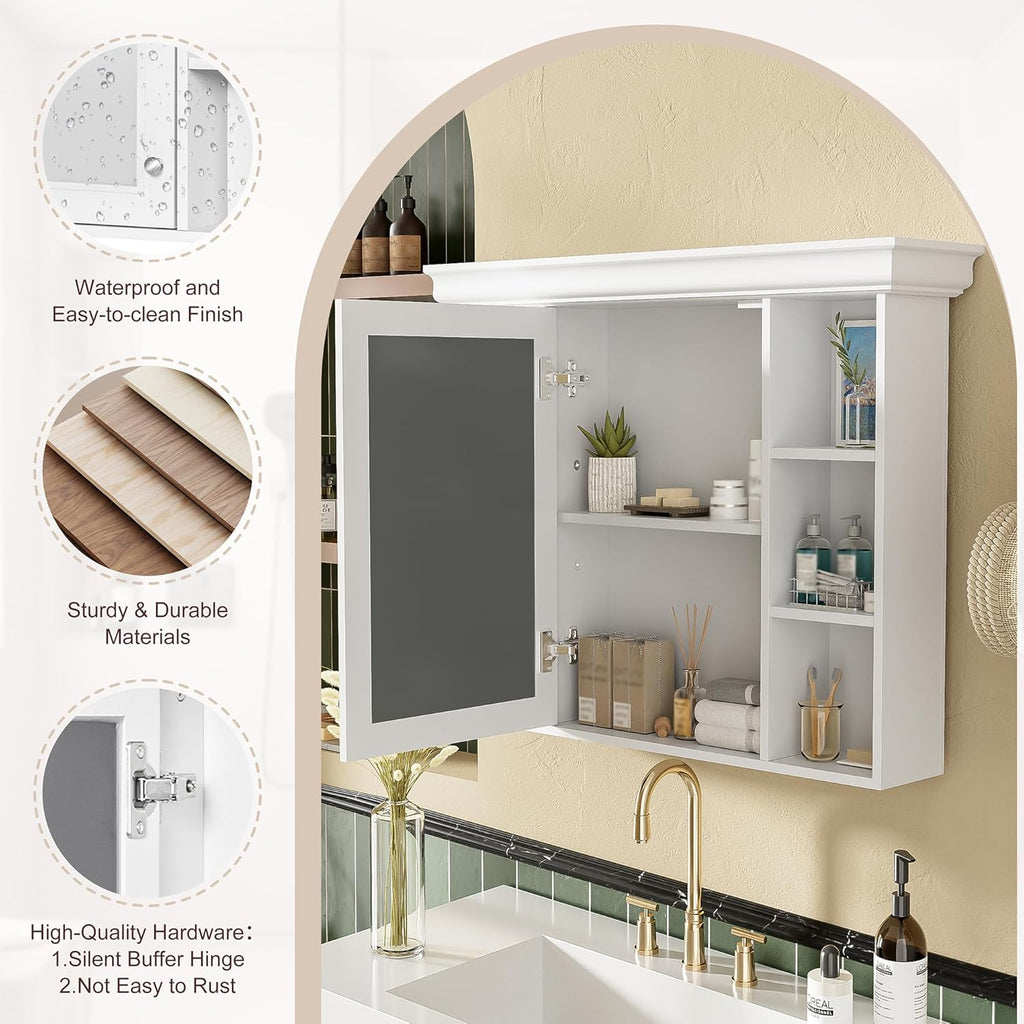 Merax Country Bathroom Medicine Cabinet with Mirror, Farmhouse Wall Mounted Medicine Cabinet with Door and Shelves, Over The Toilet Mirrored Bathroom Storage Wall Cabinet