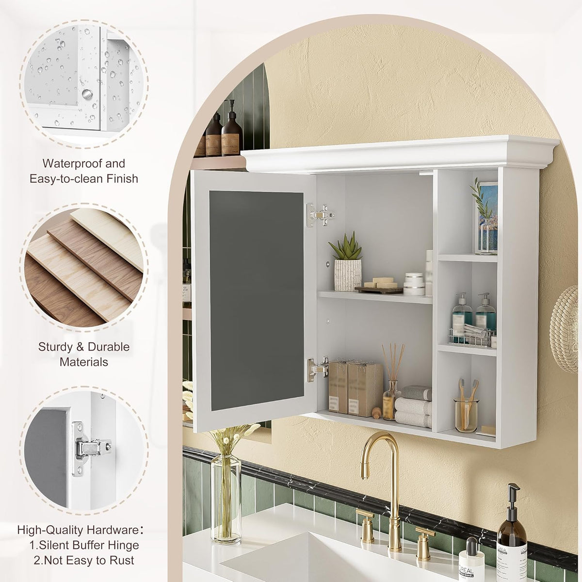 Merax Country Bathroom Medicine Cabinet with Mirror, Farmhouse Wall Mounted Medicine Cabinet with Door and Shelves, Over The Toilet Mirrored Bathroom Storage Wall Cabinet