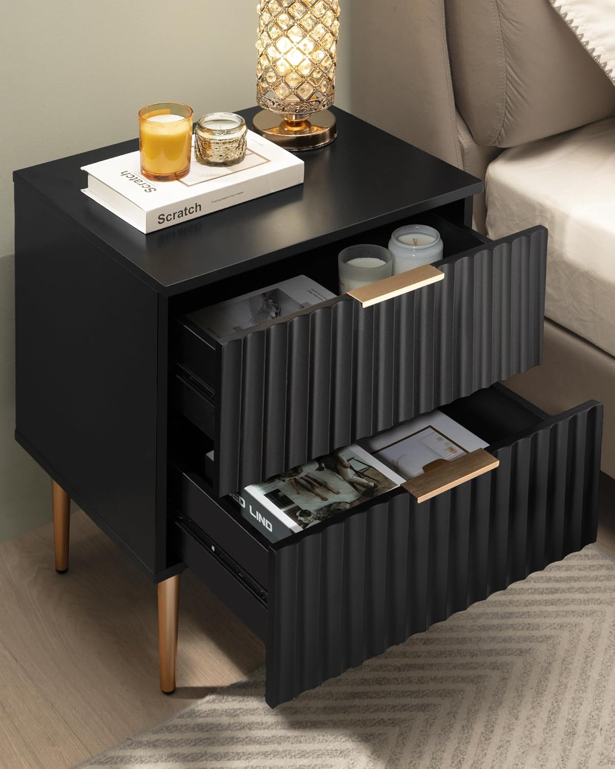 SICOTAS Black Night Stand Set 2, Fluted Glossy Nightstand with 2 Drawers, Wide Modern Storage Bedside Table for Bedroom, End Side Table with Golden Metal Legs and Handles (Black, 1 Piece)