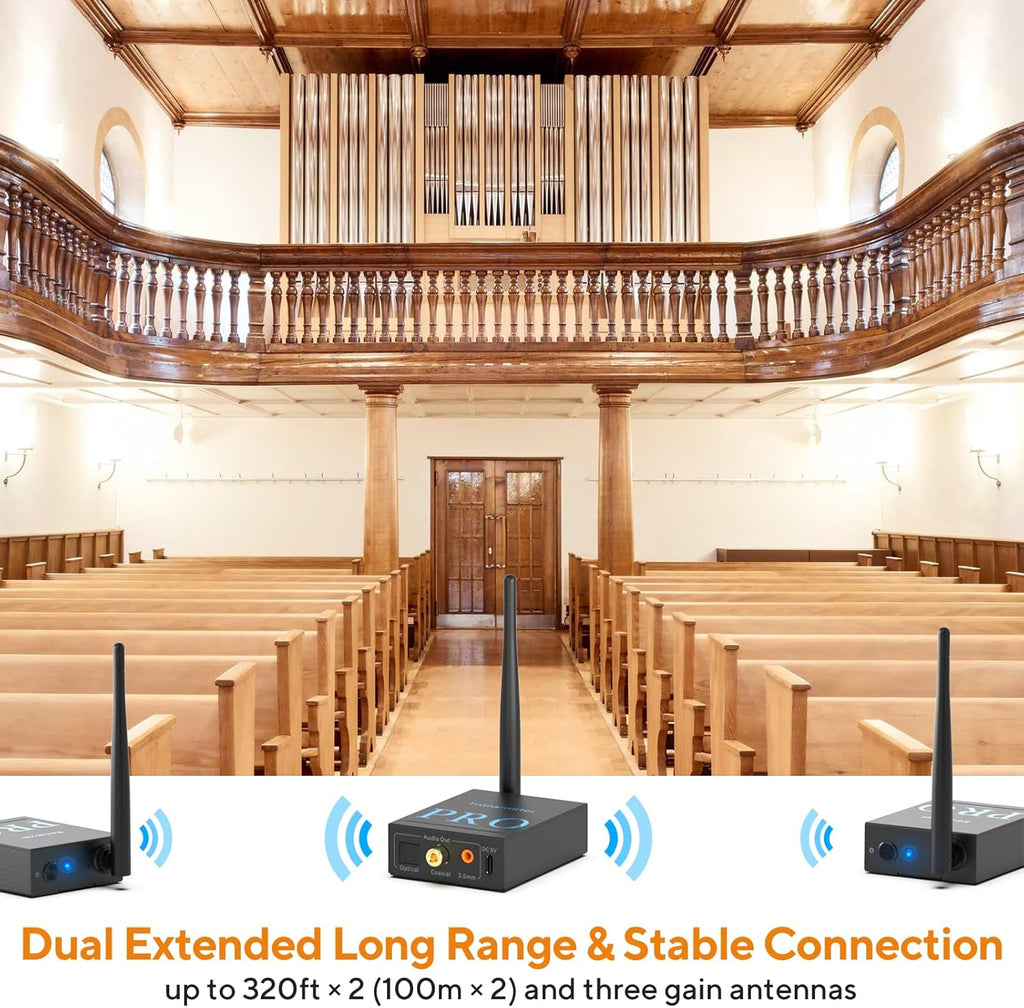 1Mii 3-in-1 2.4Ghz Wireless Audio Transmitter Receiver (1 TX+2 RX) for 2 Subwoofer/Active Speaker/Power Amplifier, 20ms Low Latency, 320ft Range, Optical/Coaxial/3.5mm(RCA) Audio Input/Output