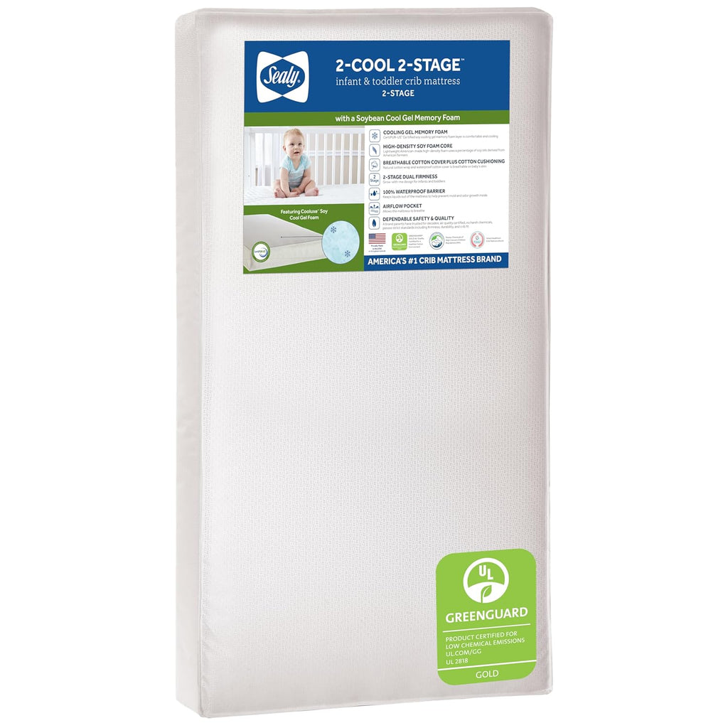 Sealy Baby 2 Cool 2 Stage Breathable Crib Mattress GREENGUARD Gold Certified, Made in USA, Premium Extra Firm Cooling Foam, Toddler Bed Fit, Non Toxic, Safety & Quality Tested, 52x28"