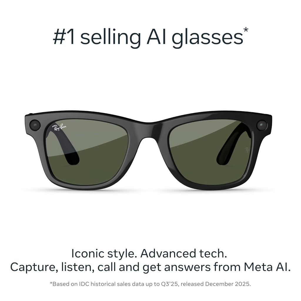 Ray-Ban Meta (Gen 2), Wayfarer Large, Shiny Black | Smart AI Glasses for Men, Women — 2X Battery Life — 3K HD Resolution — 12 MP Ultra-Wide Camera, Audio, Video — Green Lenses — Wearable Technology
