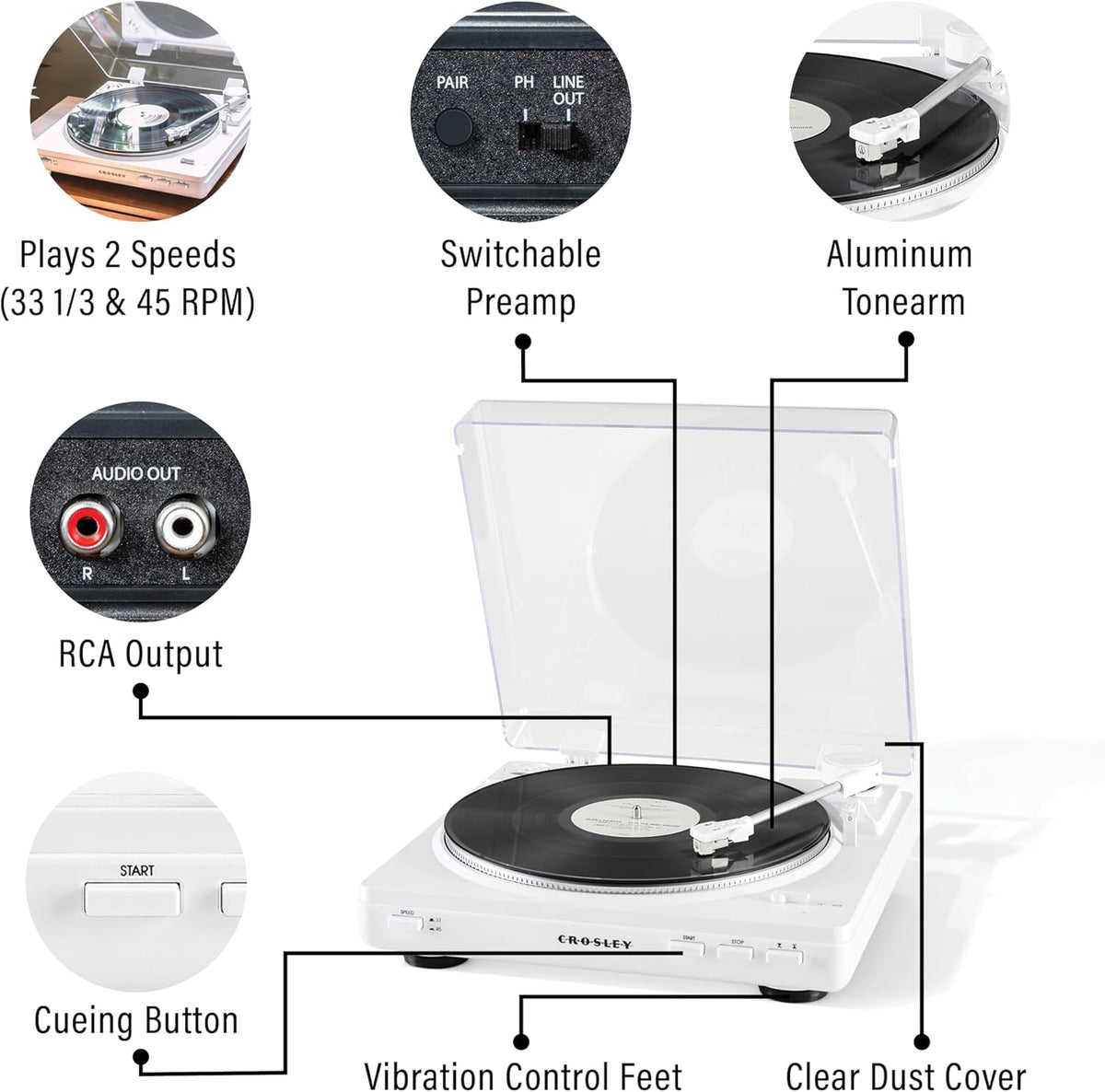 Crosley KT400A-WH Fully Automatic Bluetooth 2-Speed Turntable Record Player with S100A Stereo Speakers, White