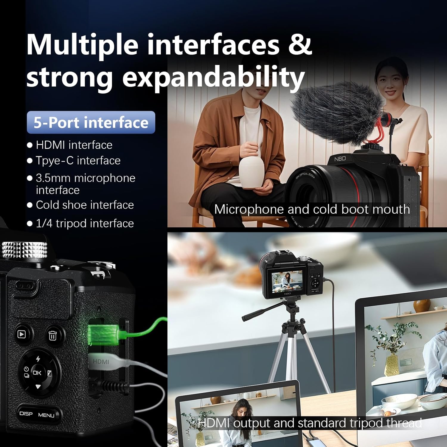 8K & 64MP Digital Camera for Photography, 48X Zoom (16X Optical + 3X Digital) with Moon Mode, 180° Flip Screen, WiFi, Micro HDMI, 64GB Card & 2 Batteries, Vlogging Camera for YouTub